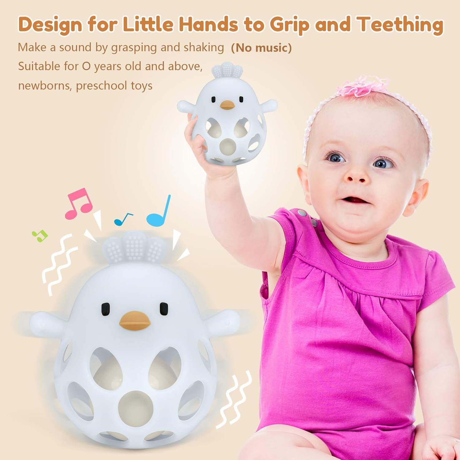 Thumbnail 6 de MCGMITT Baby Greifball Beißring aus BPA-freiem Silikon (blau) – Hühner-Rasselspielzeug für 3–9 Monate
