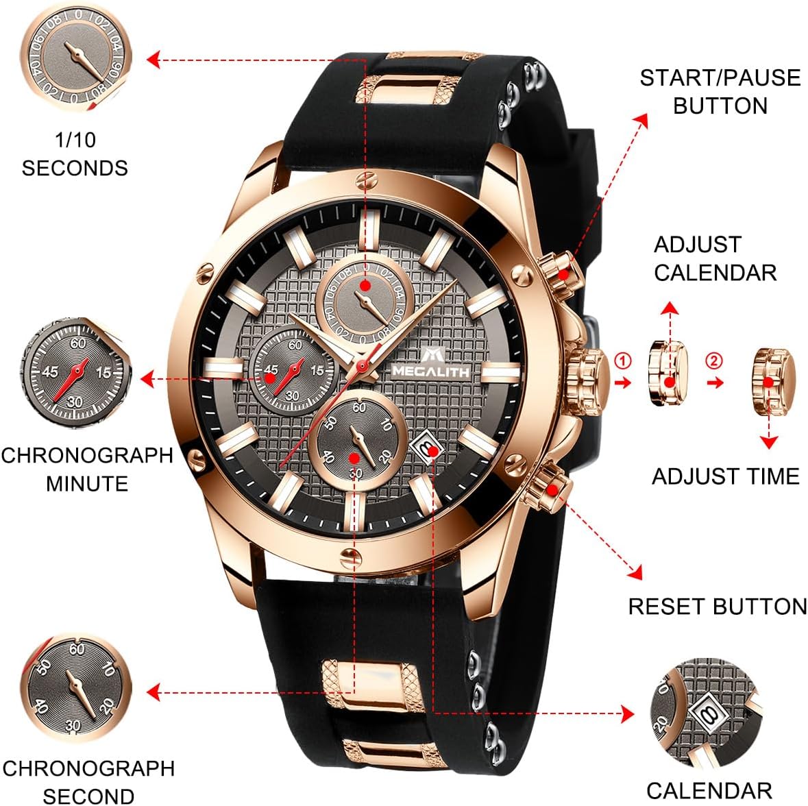 Thumbnail 6 de MEGALITH Mens Watches Chronograph: Waterproof, Luminous, Rubber Strap Quartz Watch