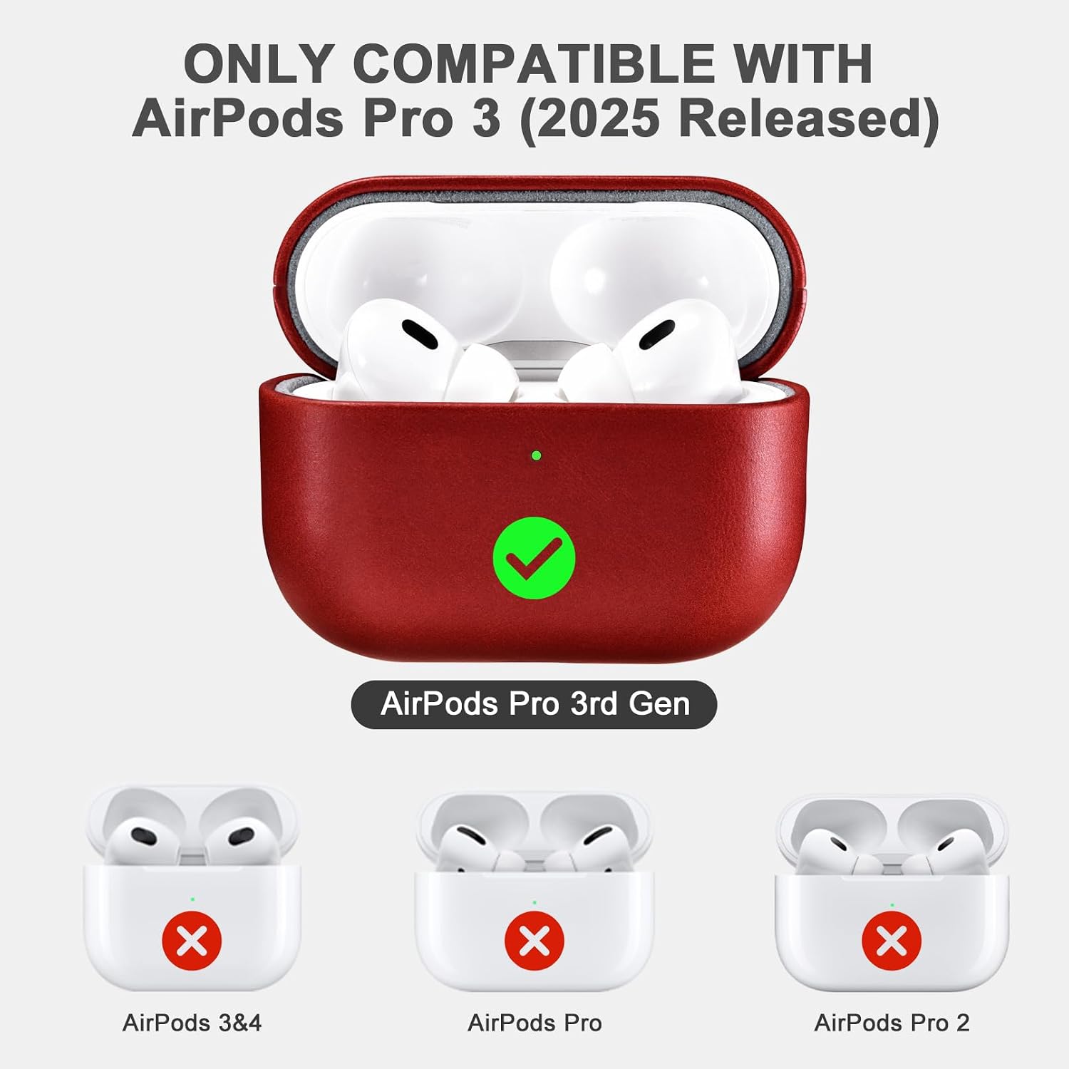 Thumbnail 1 de ICARER-hoesje van echt leer voor AirPods Pro 3 2025, rood met zichtbare led