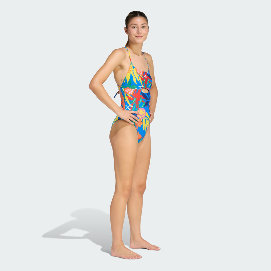 Detalle de TRAJE DE BAÑO Adidas espalda anudada con diseño de flores mexicanas — azul