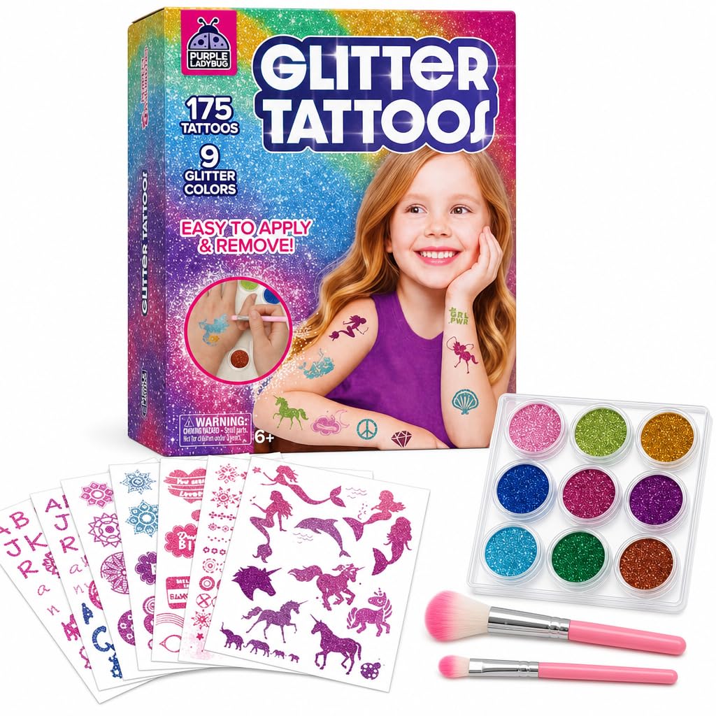 Detalle de Purple Ladybug 175-Piece Temporary Glitter Tattoos Kit for Kids (Ages 6–12)