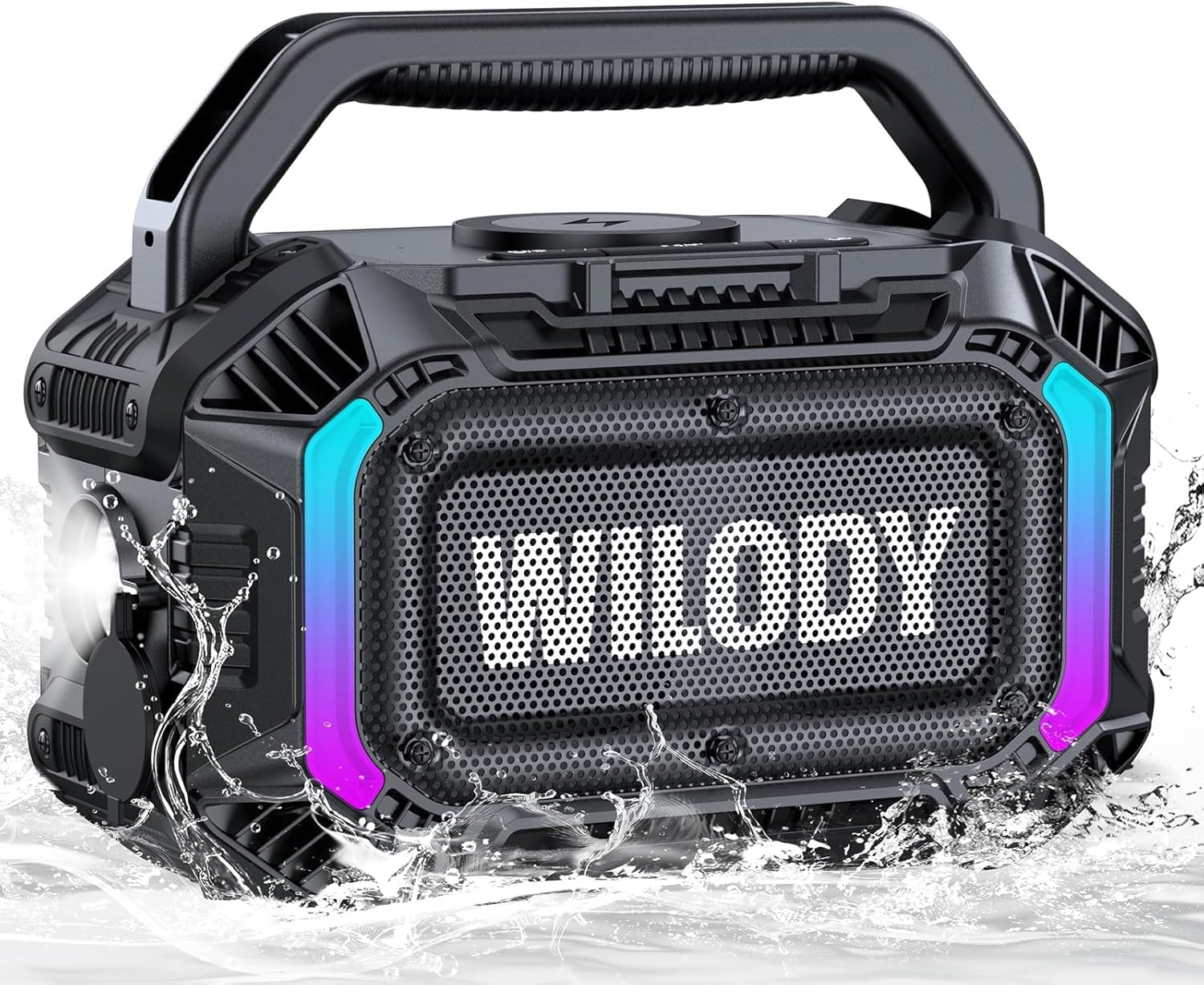 Detalle de Wilody 100W tragbarer Bluetooth-Lautsprecher (BT 5.3, TWS, IPX7) mit RGB-Licht & 20h Akku – L-Schwarz