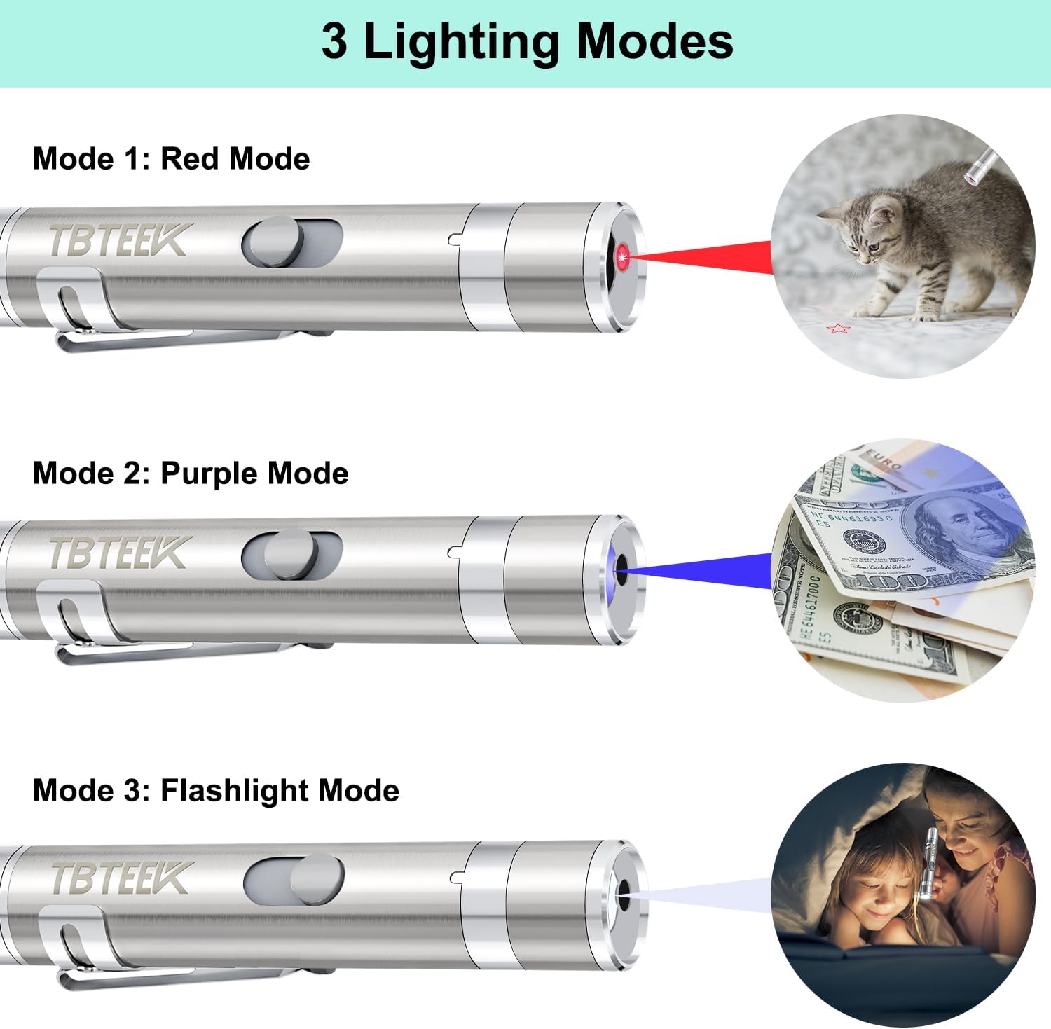 Detalle de TBTeek Cat Toys, Rechargeable: 7-in-1 Modes, 5 Red Patterns, 3 Light Modes