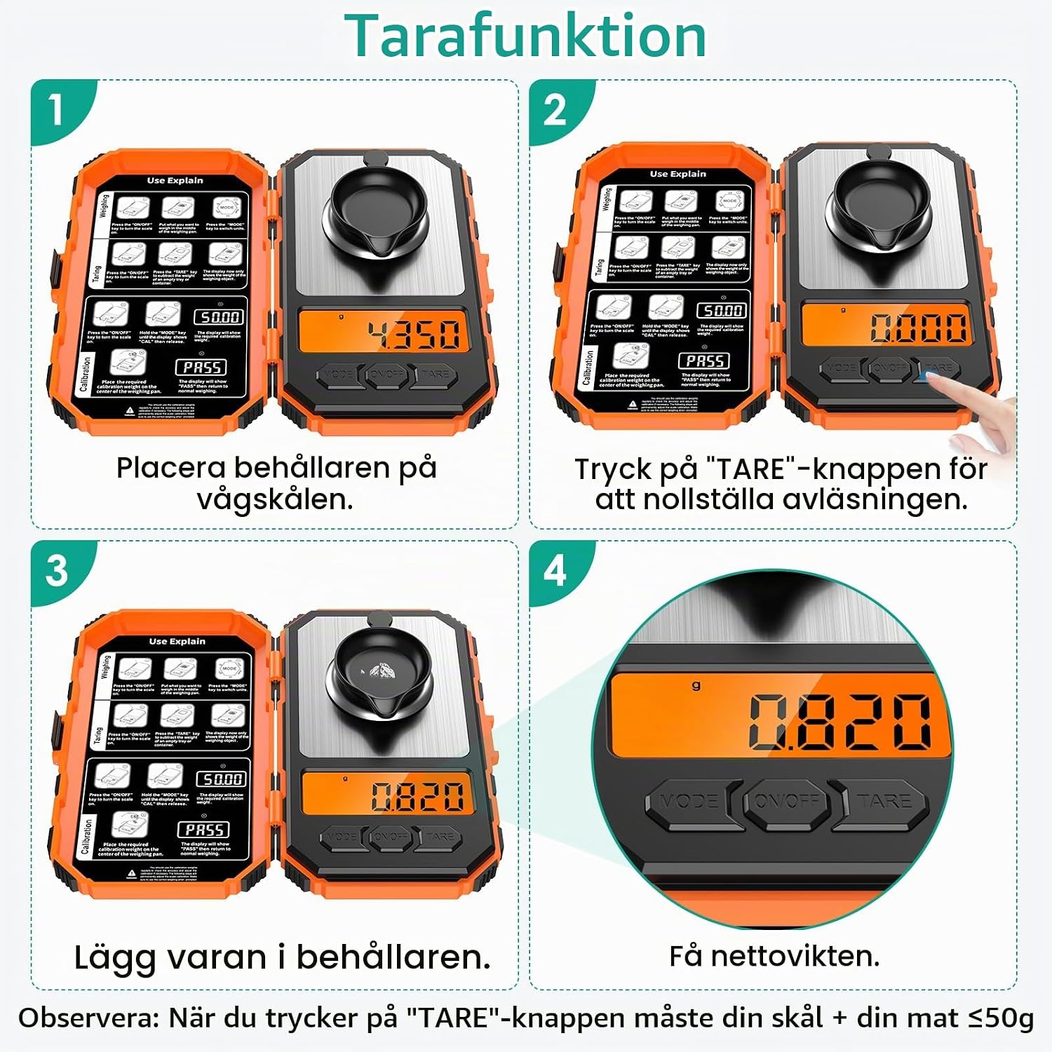 Detalle 2 de ORIA precisionsfickvåg 50 g/0,001 g i rostfritt stål, orange