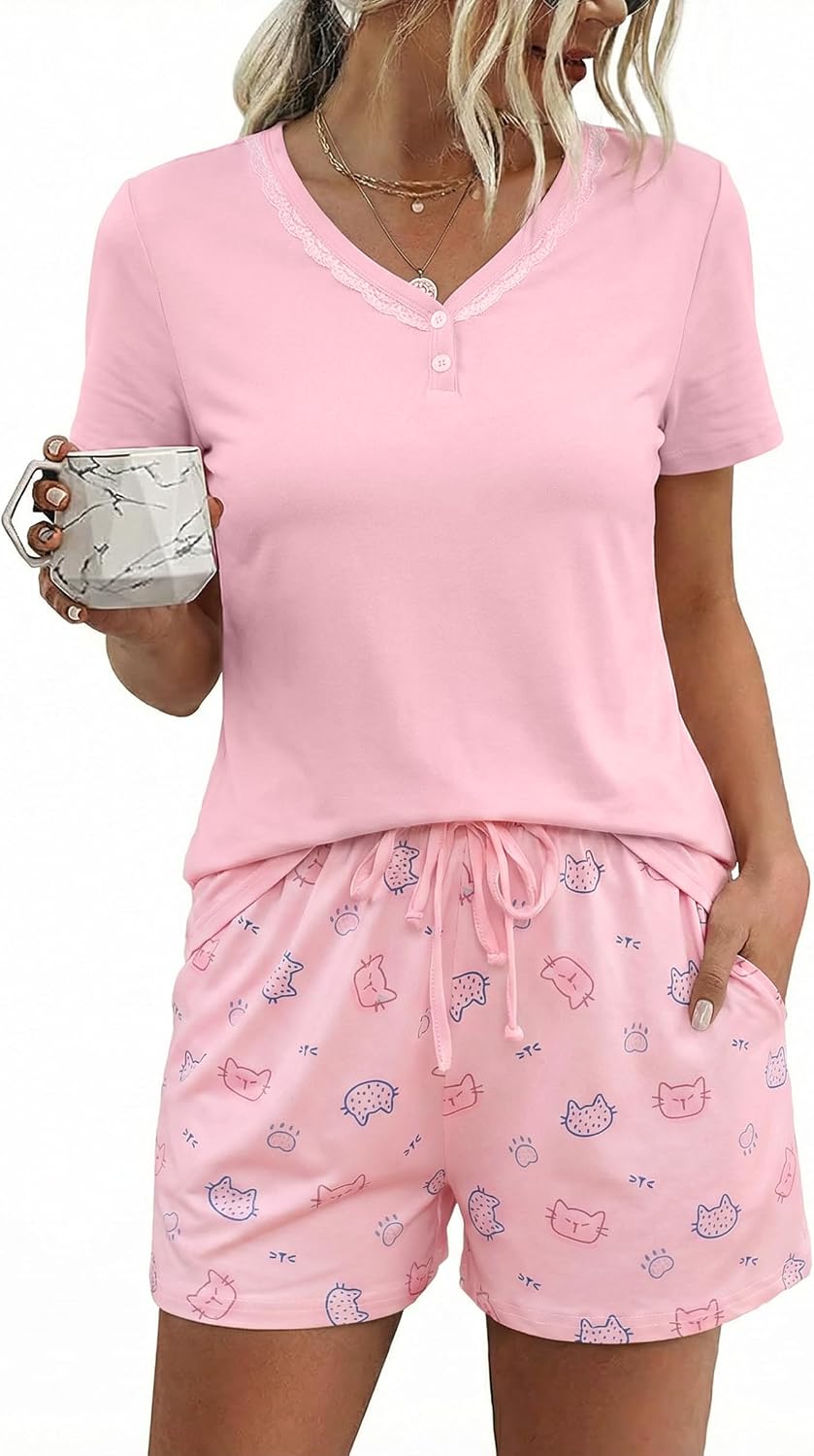 Detalle de Aseniza Damen Schlafanzug Kurz Set – Baumwolle, V-Ausschnitt, Spitzenbesatz, 2-teilig (S–XXL)