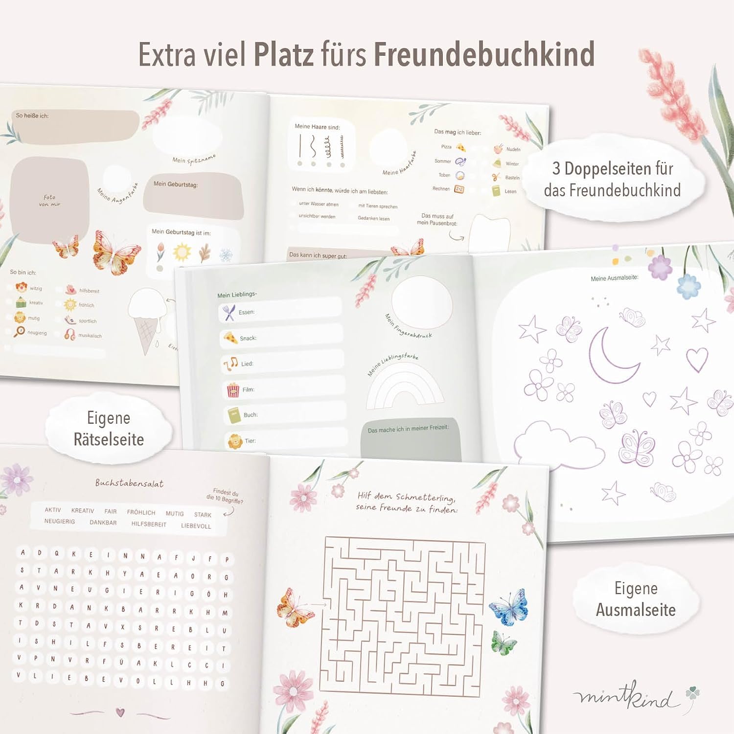 Detalle 2 de mintkind Schulfreundebuch Blumen 21x21 cm Hardcover – Platz für 30 Freunde, dickes 150 g Papier, Geburtstagskalender und Extras
