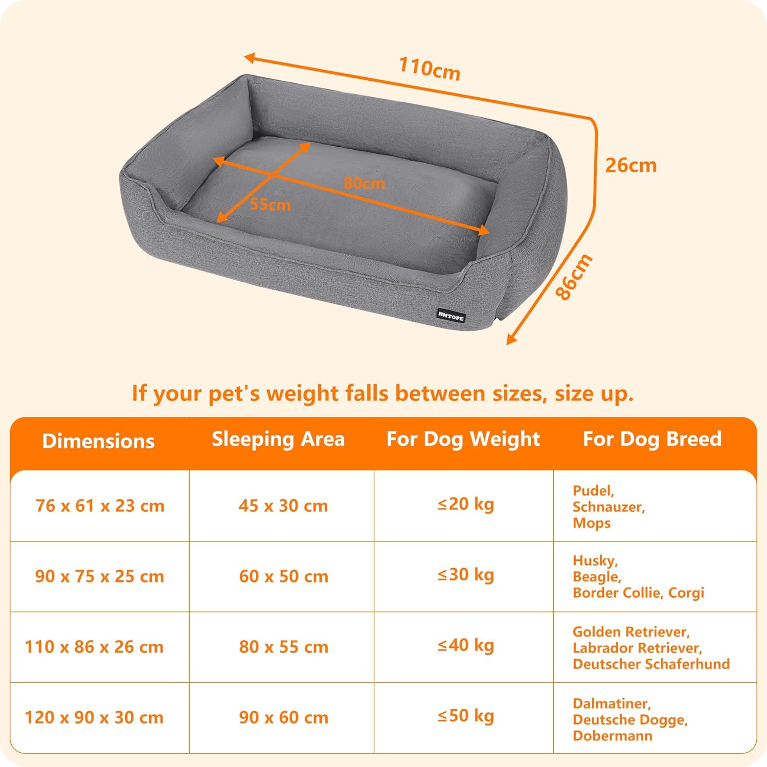 Detalle de HMTOPE Hundebett – abnehmbar, waschbar und rutschfest, 120 × 90 × 30 cm