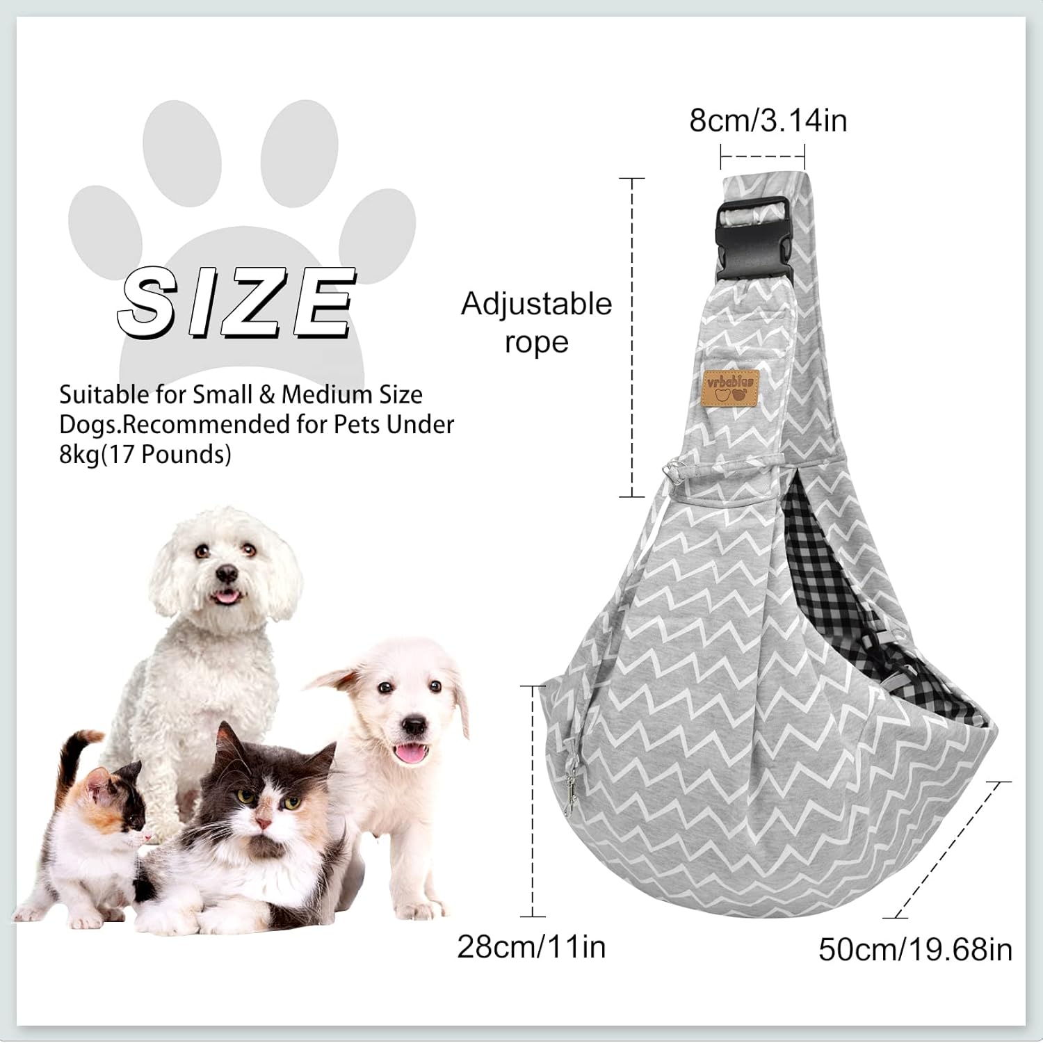Detalle de Vrbabies Dog Carrier for Small Dogs – Striped Grey, Adjustable Puppy Sling Carrier
