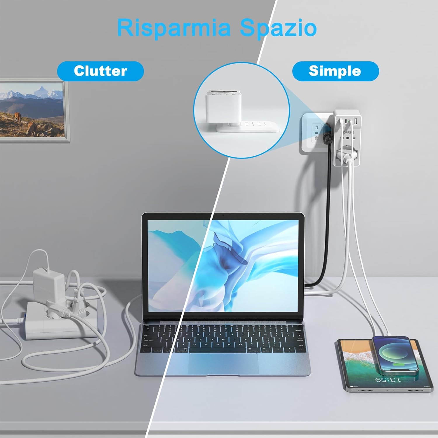 Thumbnail 5 de TOPREK Presa Multipla USB Salvaspazio 6 in 1 con Spina Italiana – 4000W/16A, 1 Schuko, 1 IT, 2 Type-C, 2 Type-A (Bianco)