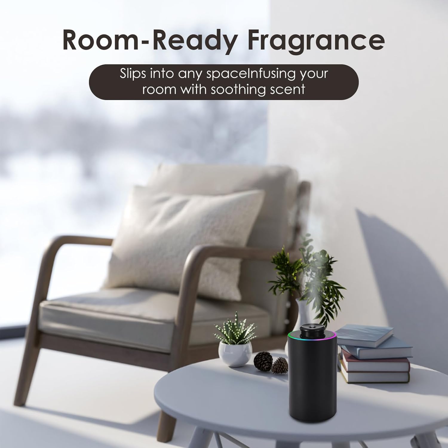 Detalle 2 de Waterless Essential Oil Diffuser - Black Aluminium, 7 Colour LED, Battery Powered Mini Scent Machine