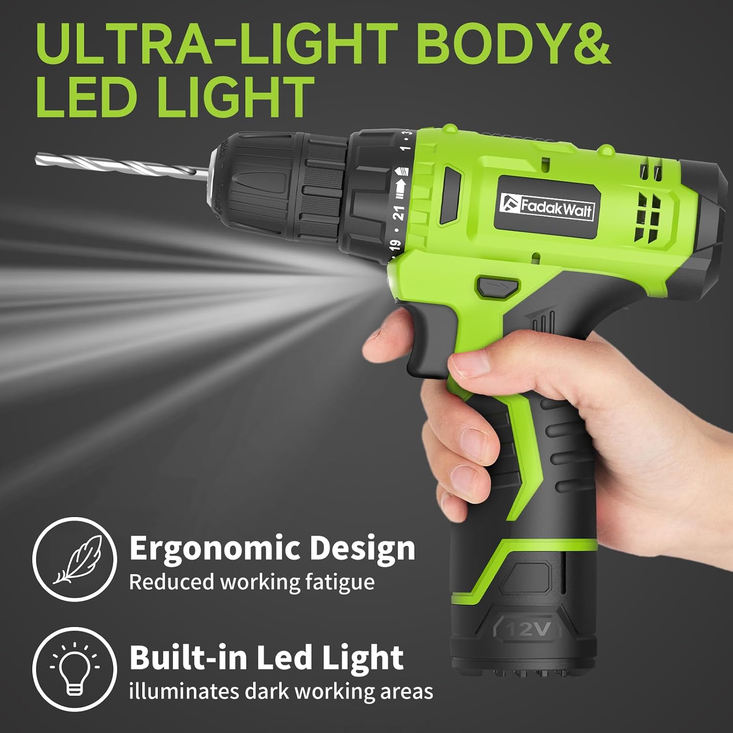 Detalle de FADAKWALT CB1301 12V Cordless Drill Set, 21+1 Clutch, LED Light