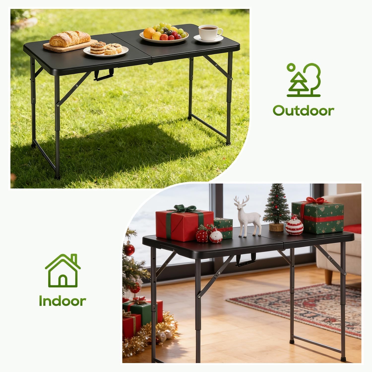 Detalle de FDW 4FT Folding Table, Black Plastic Picnic Table with Carry Handle