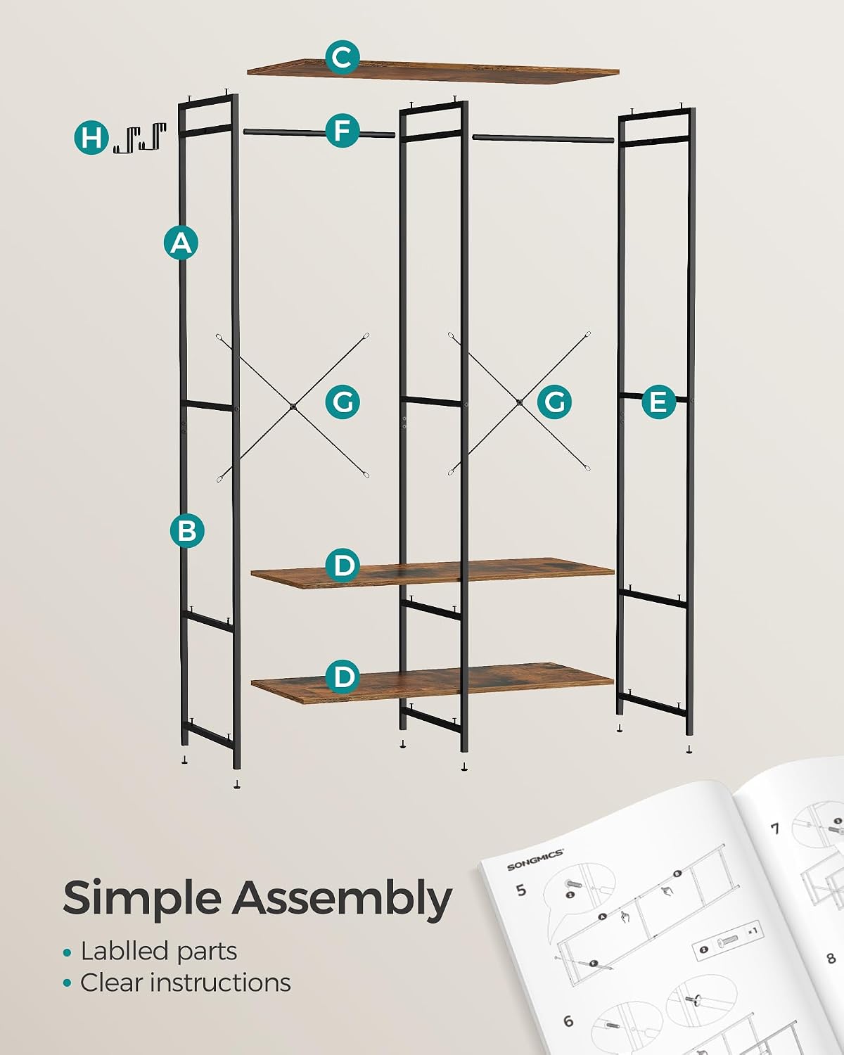 Detalle 2 de SONGMICS BLOCHIC RGR004B01 Clothes Rail with Shelves, X-Bar Support