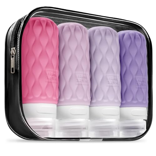 Lericttor 100ml Silicone Travel Bottle Set (4 Pack) with Clear Toiletry Bag