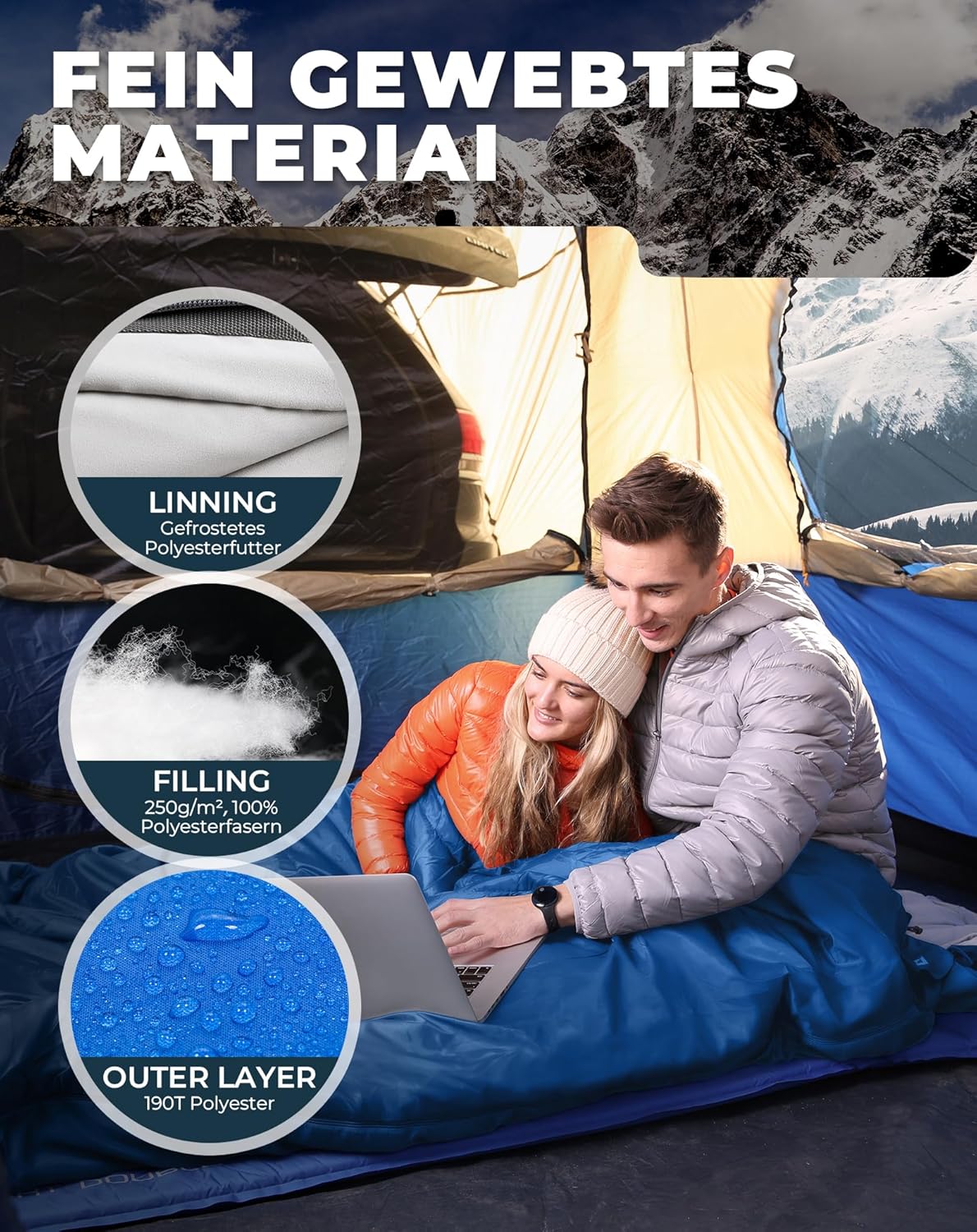 Thumbnail 4 de KingCamp Deckenschlafsack Doppelschlafsack (220x150 cm) mit 2 Kissen – ideal für Familien & Camping