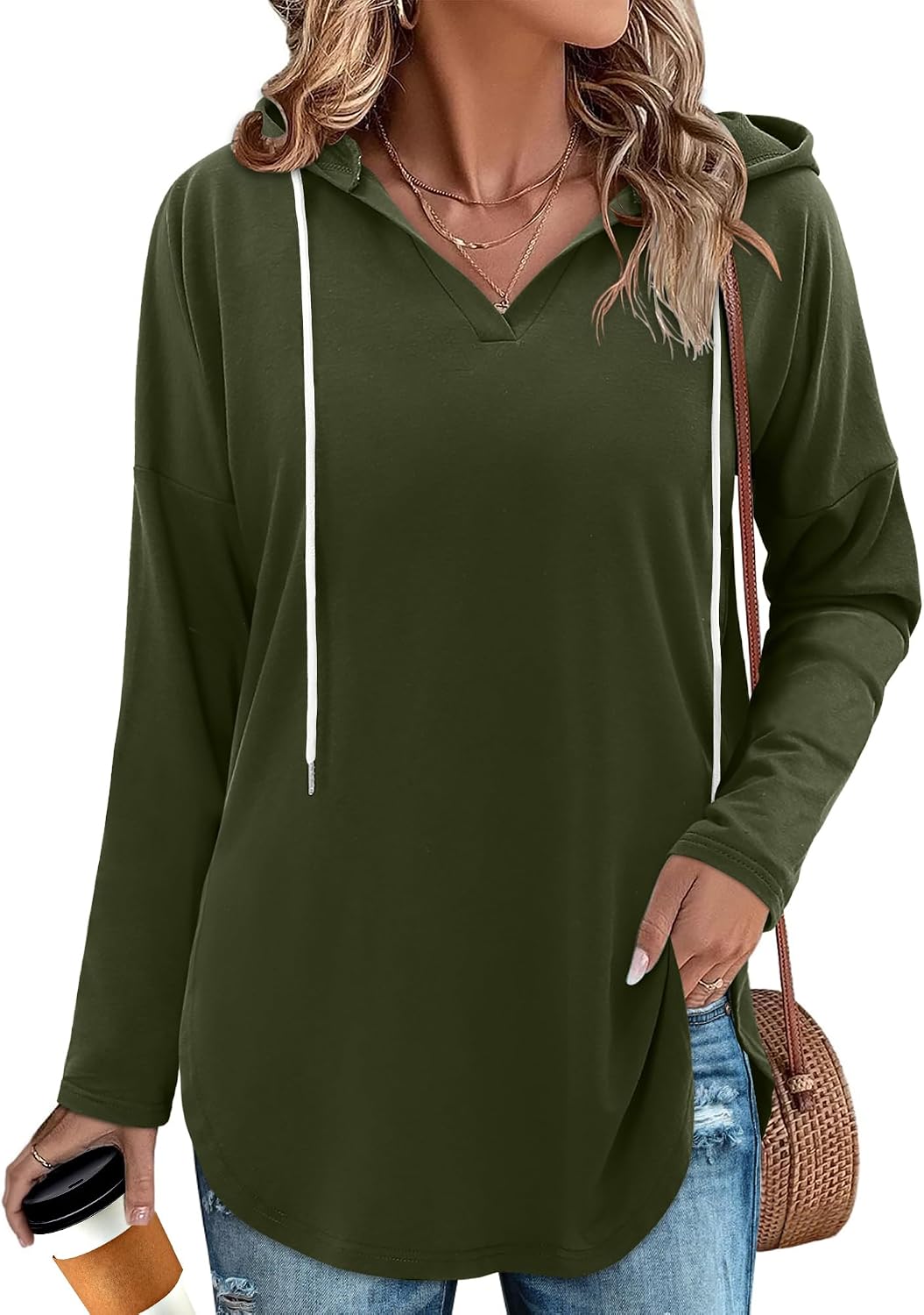 Thumbnail 2 de CHICZONE Ladies Oversized Hoodie Pullover Top with V-neck & Drawstring Hood