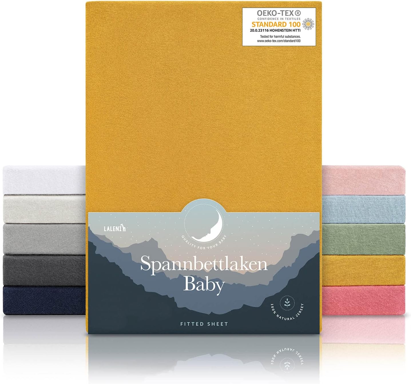 Detalle de Laleni jersey dra-på-lakan för spjälsäng, 100 % bomull, 2-pack, gul