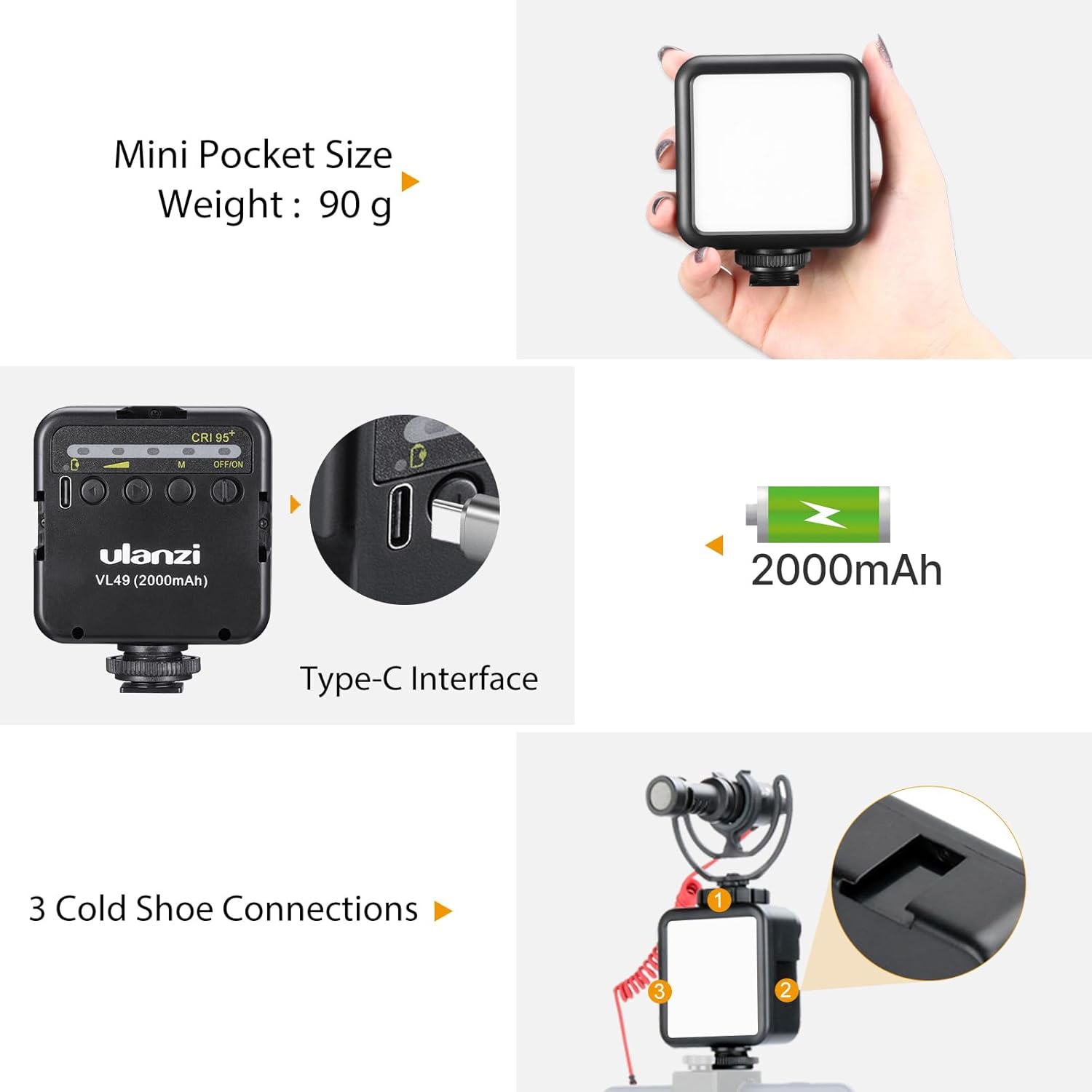 Detalle 2 de ULANZI VL49 Lumière LED vidéo avec batterie 2000 mAh et 3 supports cold shoe