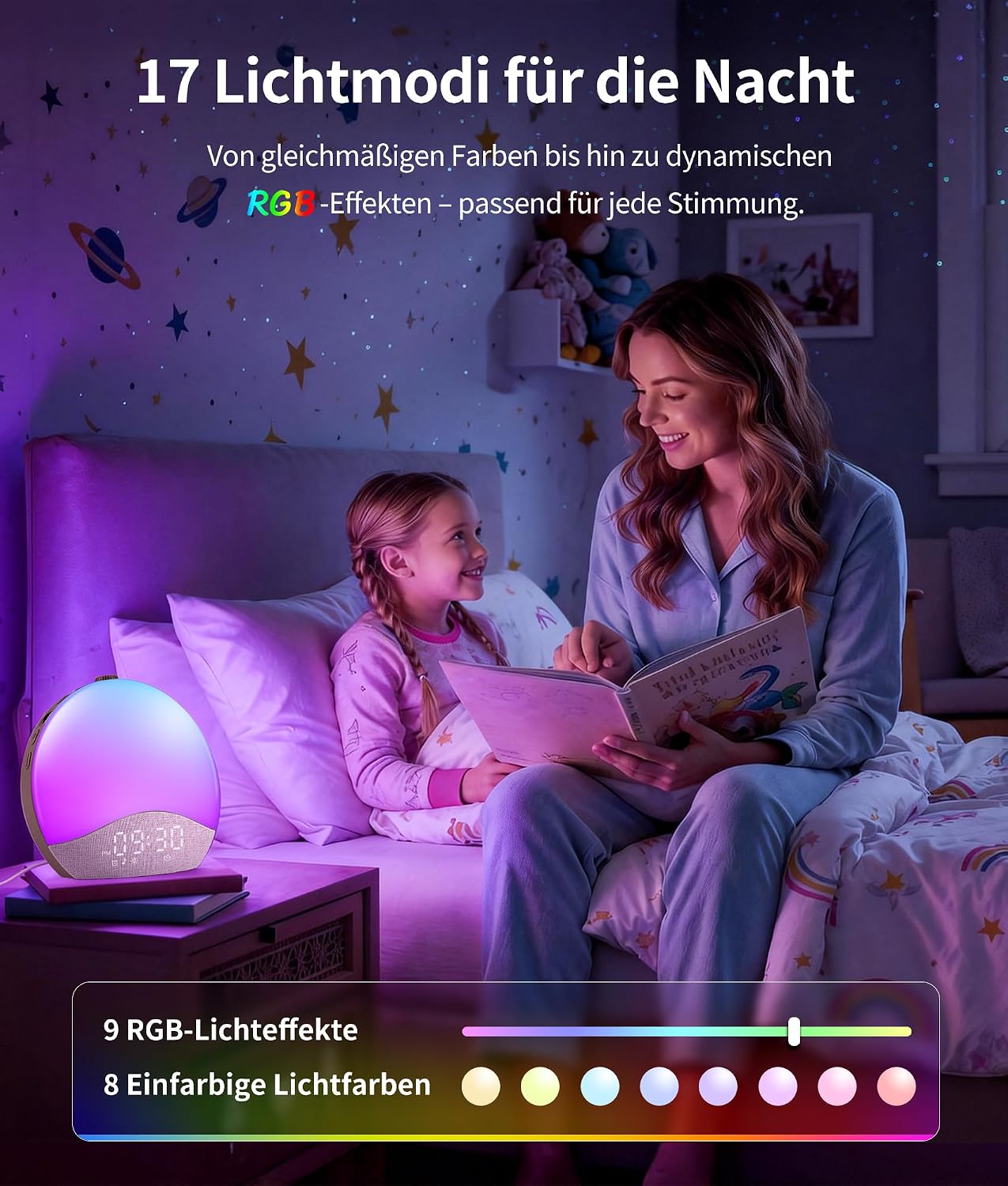 Detalle de ecozy Tageslichtwecker – Sonnenaufgang, Bluetooth-Zeitsynchronisierung und 17 Lichtfarben