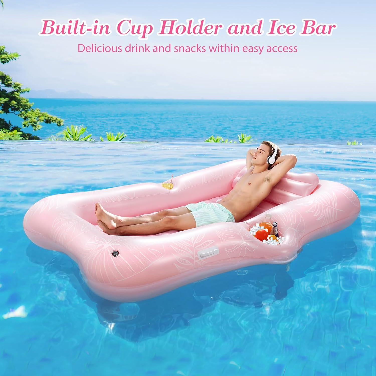 Detalle de MoKo Pool Floats Adult: Large Floating Bed with Ice Bar, Drink Holder & Tanning Chair