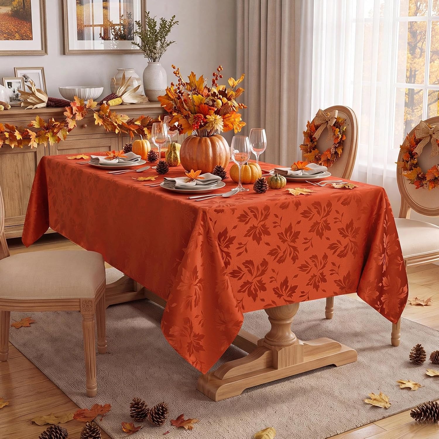 Detalle de Romanstile Fall Jacquard Rectangle Tablecloth, 60 x 84 Inch, Burnt Orange