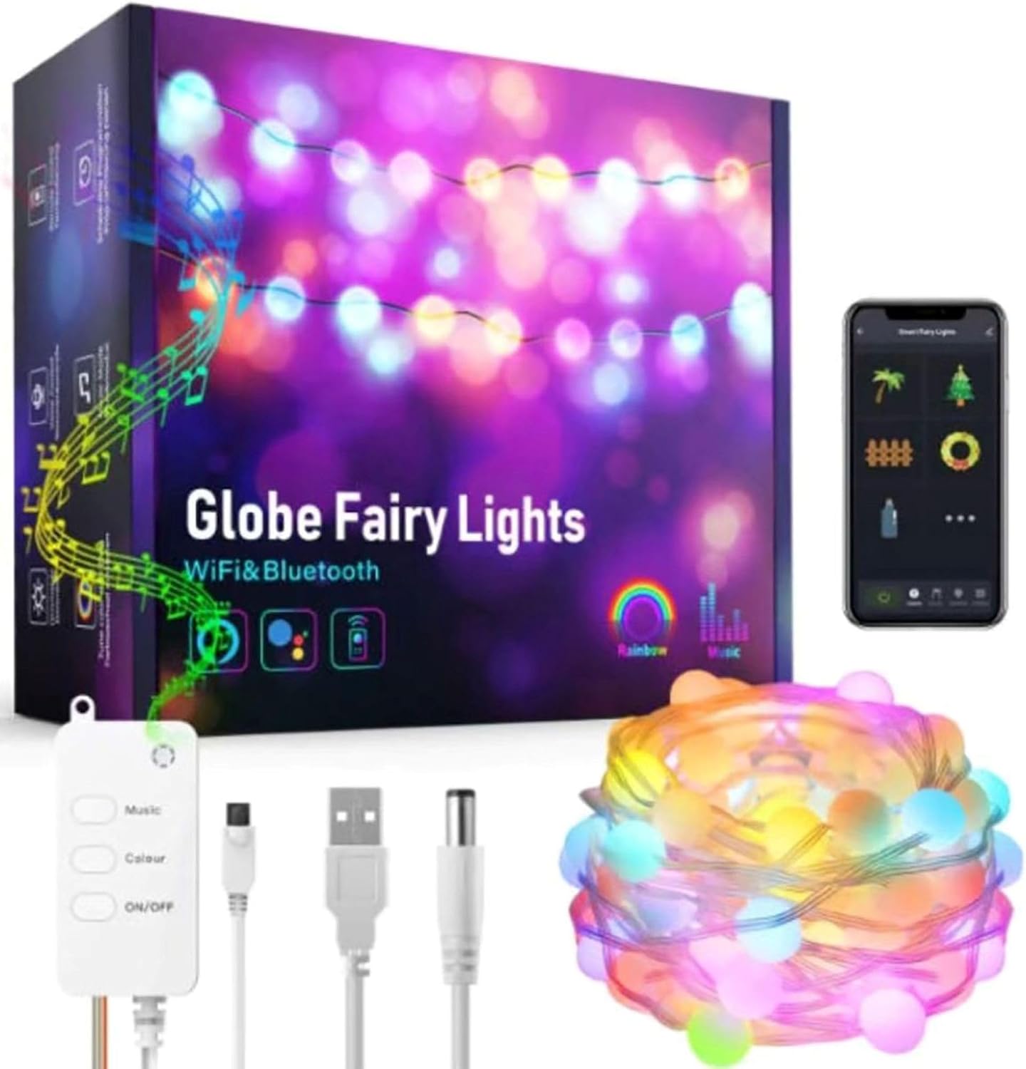 Detalle de KYUQY sdrf34f Smart Fairy Lights, 10 m RGB, Music Sync and USB Powered