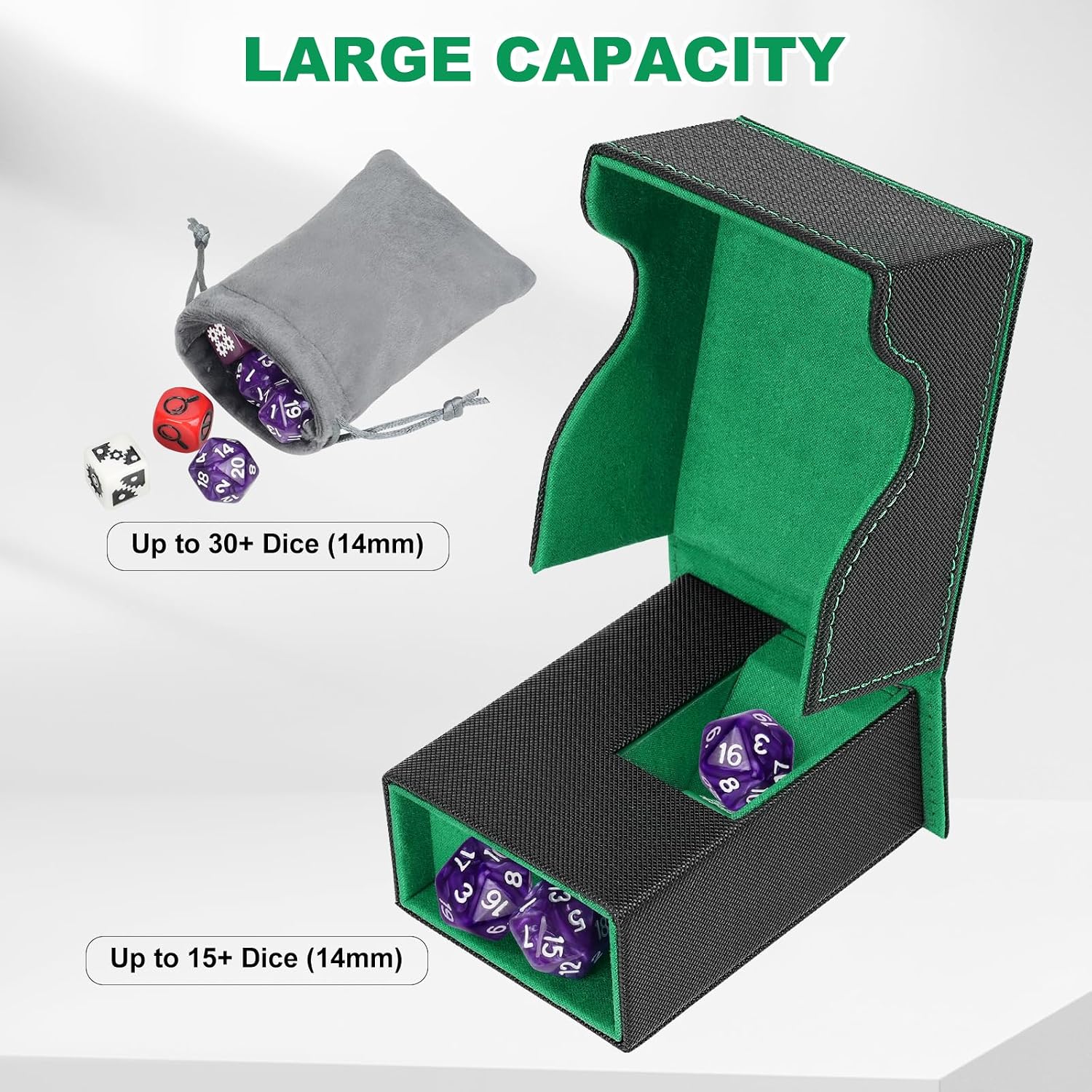 Detalle 2 de T351 Dice Case-GN-CA Foldable Dice Tower, Magnetic PU Leather Tray, Black & Green