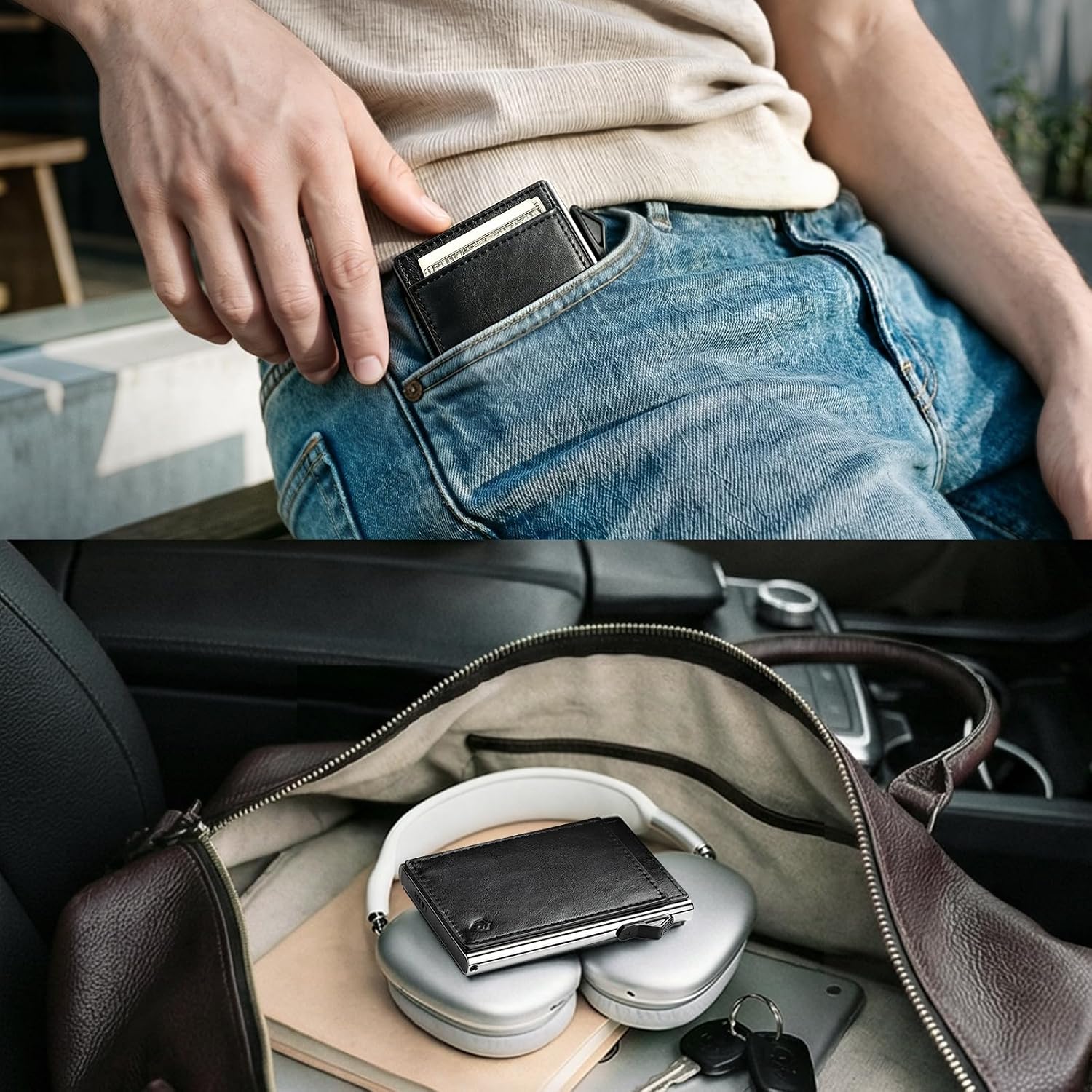 Thumbnail 6 de YESIIW Porta Carte Uomo Bauhaus – Ultra Slim Pop up, Alluminio con Pelle Vintage, RFID, Nero