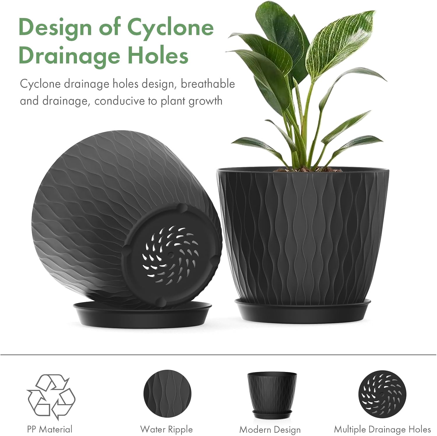 Thumbnail 2 de Homeuouz 15cm Stripe Groove Plastic Plant Pots, 5 Pack with Drainage Holes and Tray (Black)