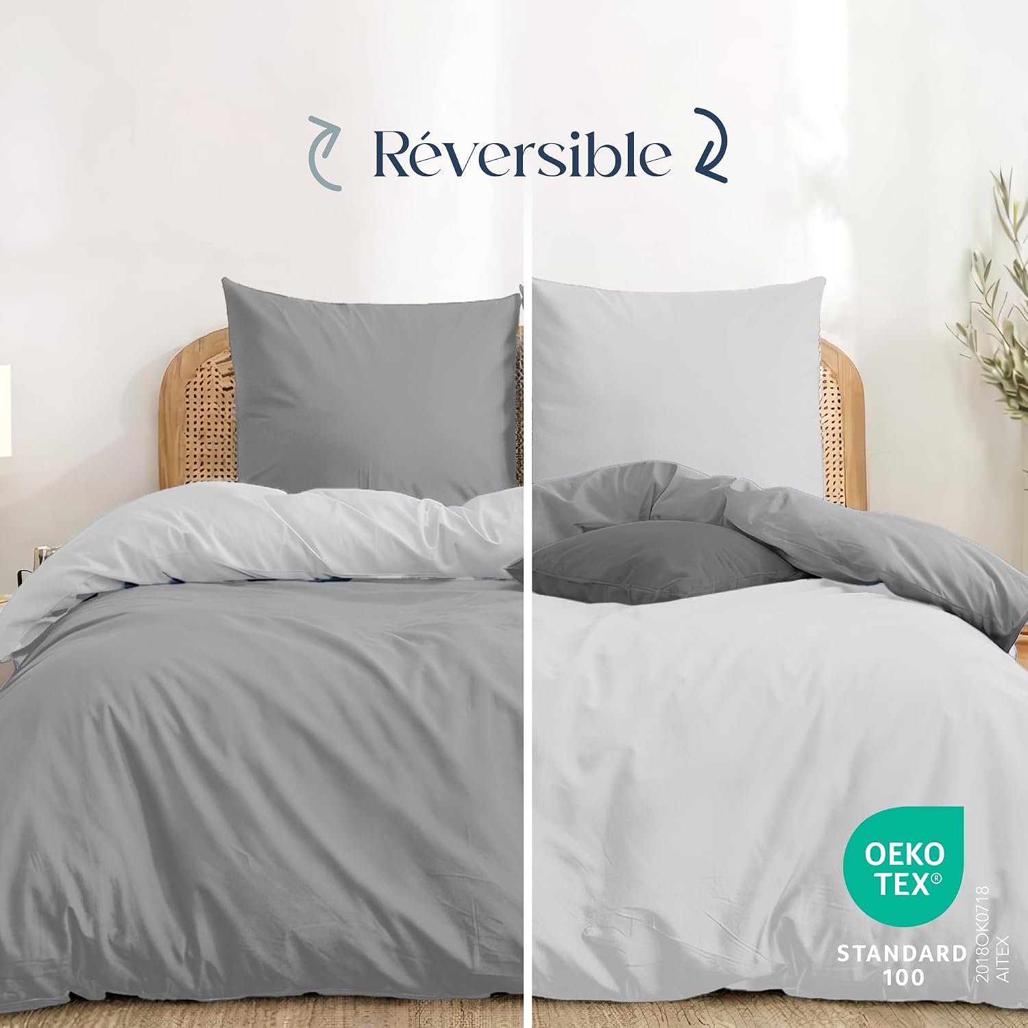 Detalle de Twinzen Parure de lit 220x240 réversible en microfibre grise claire/blanc avec 2 taies 65x65