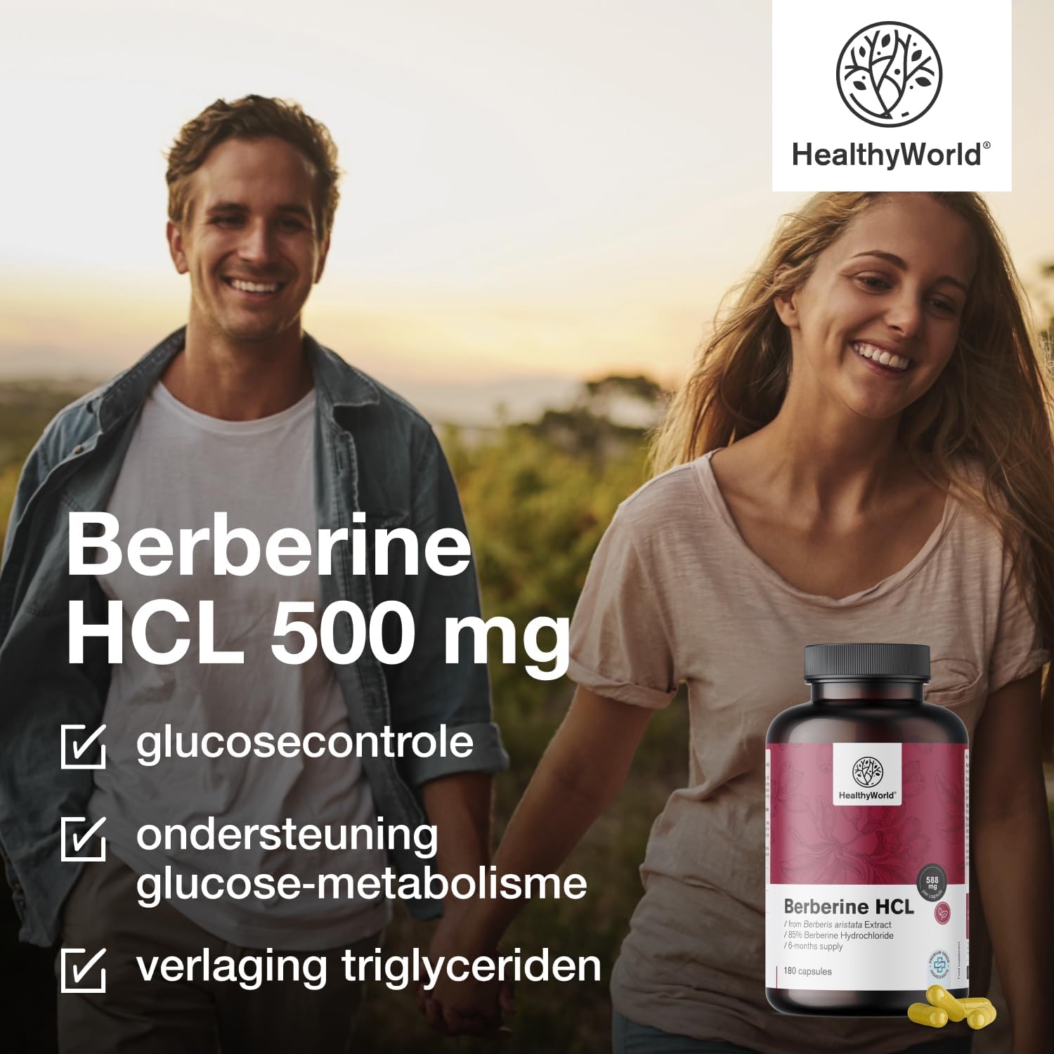 Detalle de HealthyWorld Berberine HCL 500 mg plantaardige capsules, 180 stuks