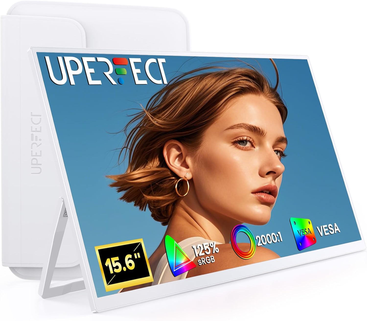 Detalle de UPERFECT Portable Monitor 15,6 Zoll (125% sRGB) – weiß, 1080p HDR EyeCare, 180° Standfuß & VESA