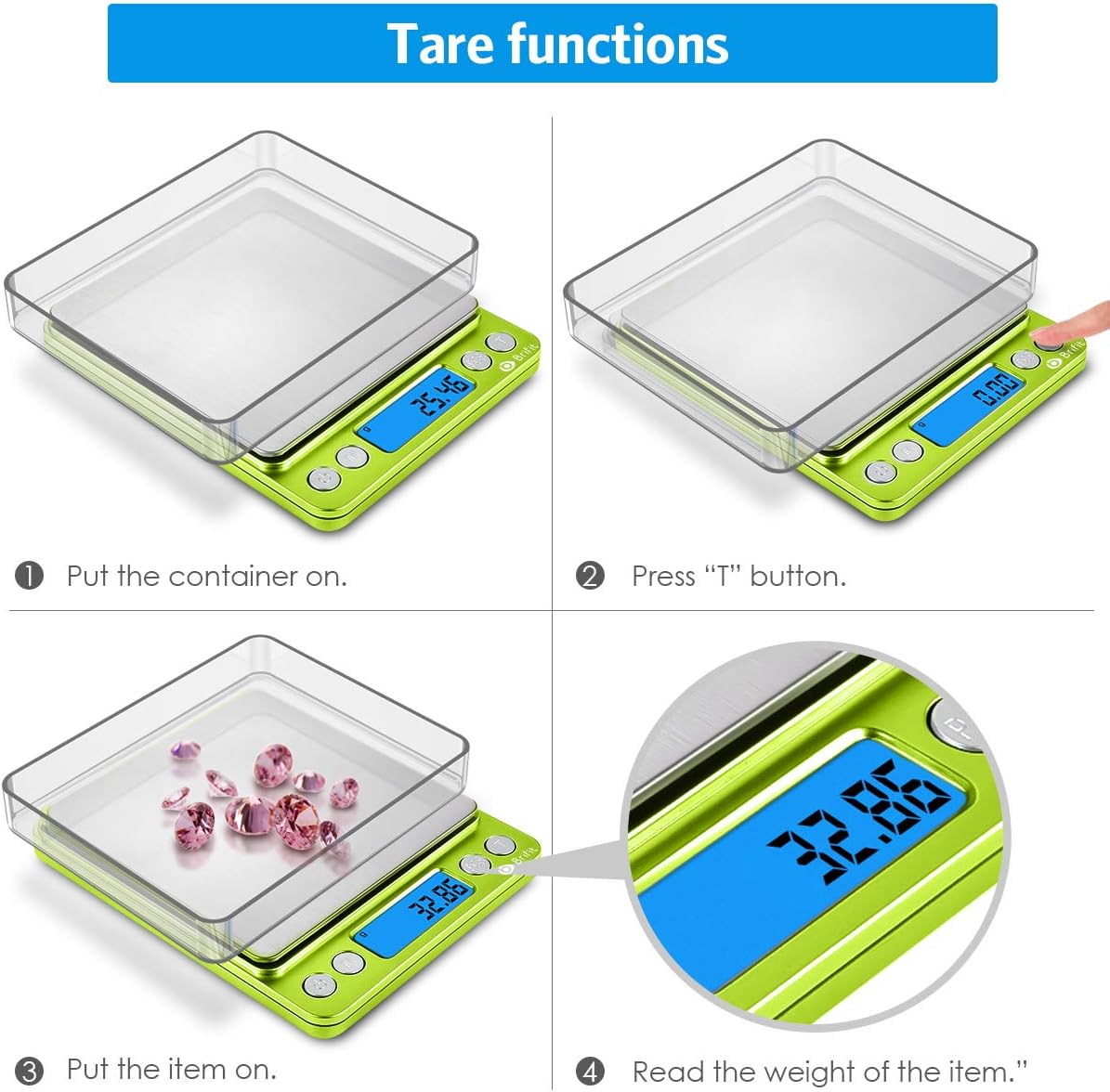 Thumbnail 3 de AMIR Digitale Taschenwaage 500 g × 0,01 g – Feinwaage mit LCD, 6 Einheiten, PCS-Zählung, Tara-Funktion, 2 Ablagen, grün
