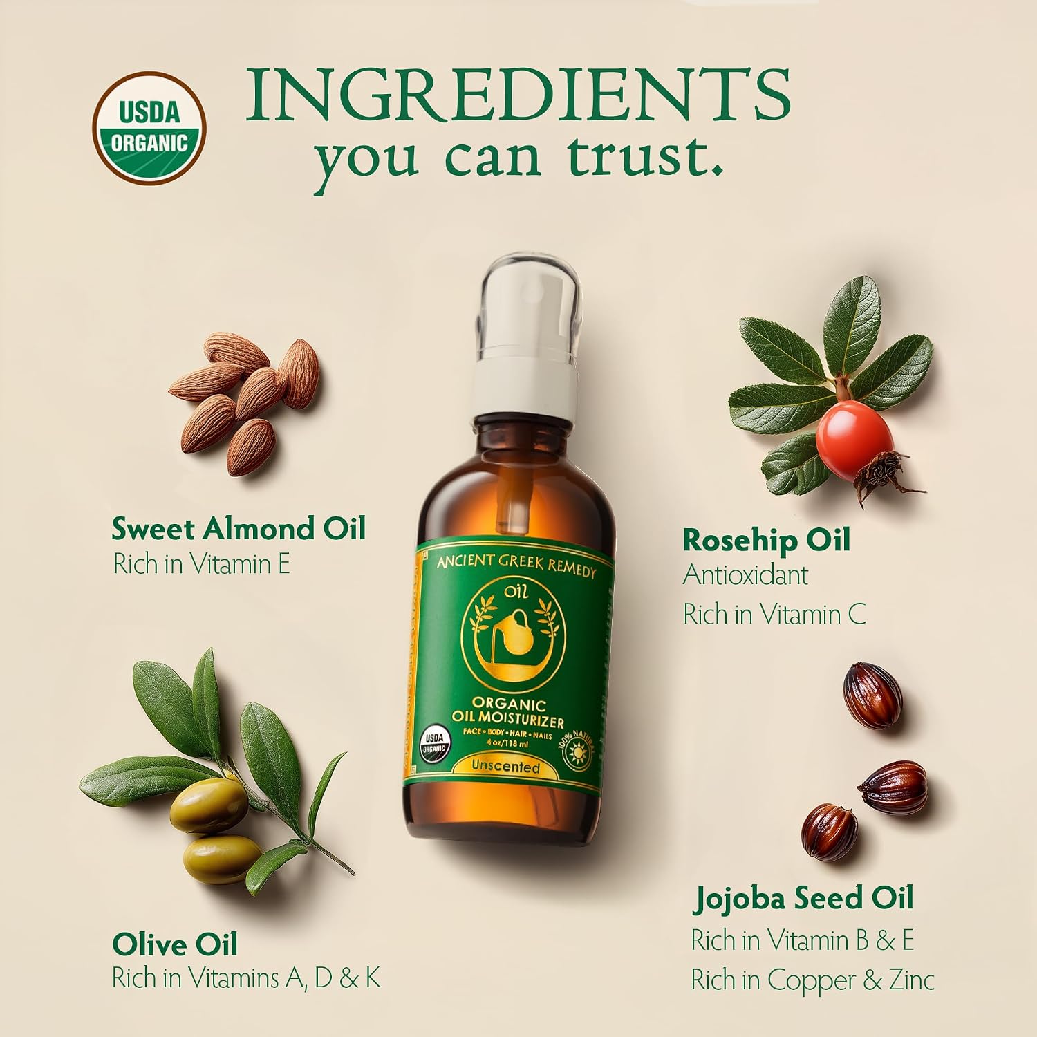 Detalle 2 de Ancient Greek Remedy Face Oil for Dry Skin (Organic, Unscented) — Jojoba, Rosehip, Almond & Vitamin E, 4 oz