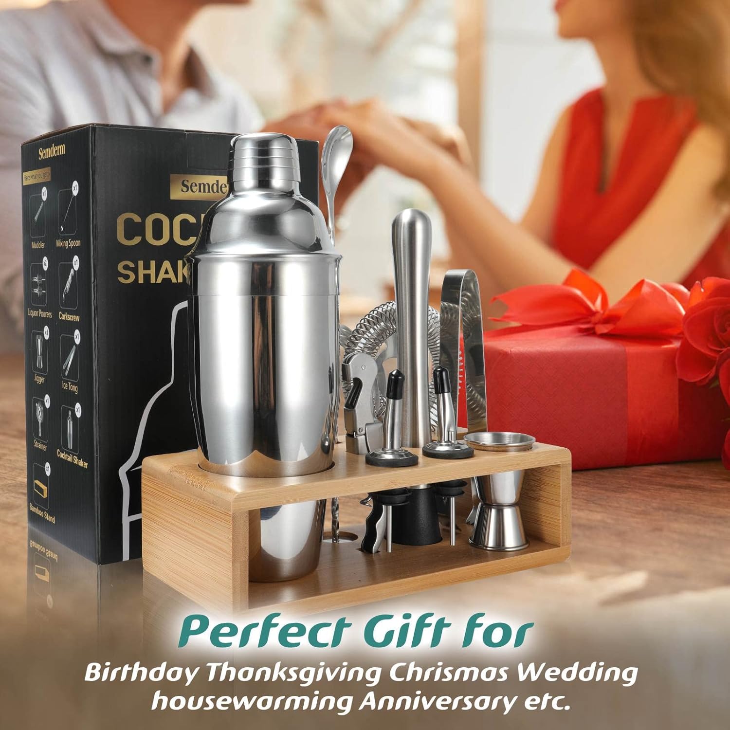 Thumbnail 5 de Cocktail Shaker Set (18/8 Food-Grade Stainless Steel) 10-Piece Martini Shaker Kit with Bamboo Stand