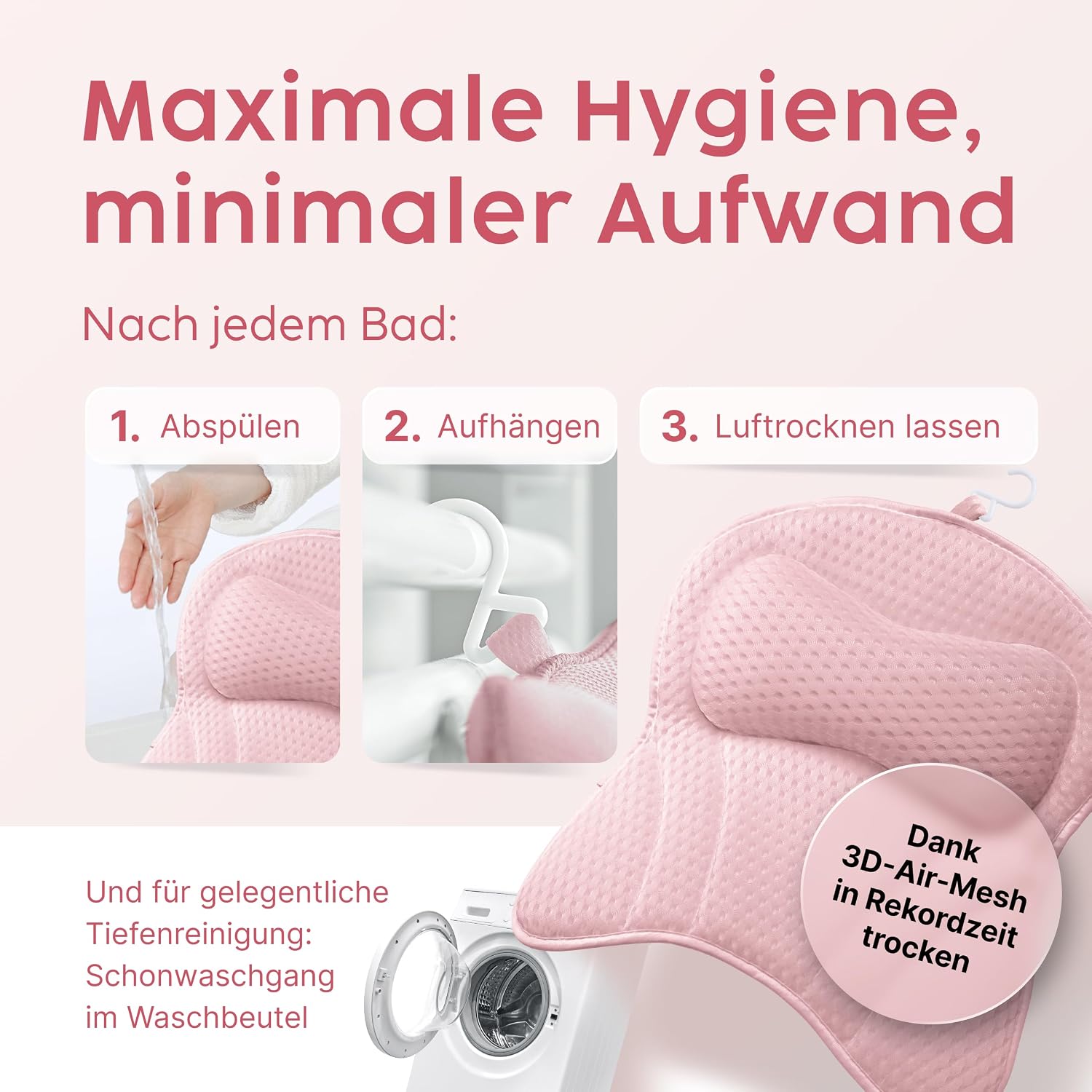 Detalle 2 de Vesta+ Badewannenkissen Rosa L mit Saugnäpfen – Nackenkissen für die Badewanne, Testsieger-Option