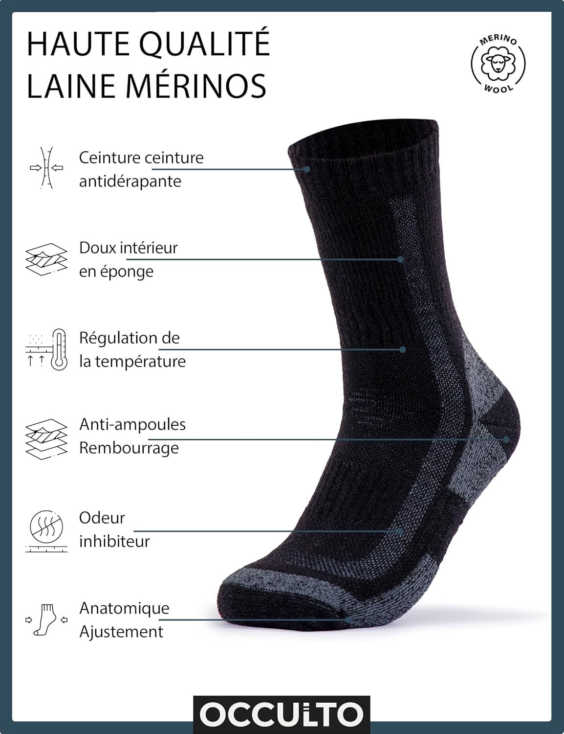 Detalle de Occulto Erik — chaussettes thermiques homme en laine mérinos (lot de 3)