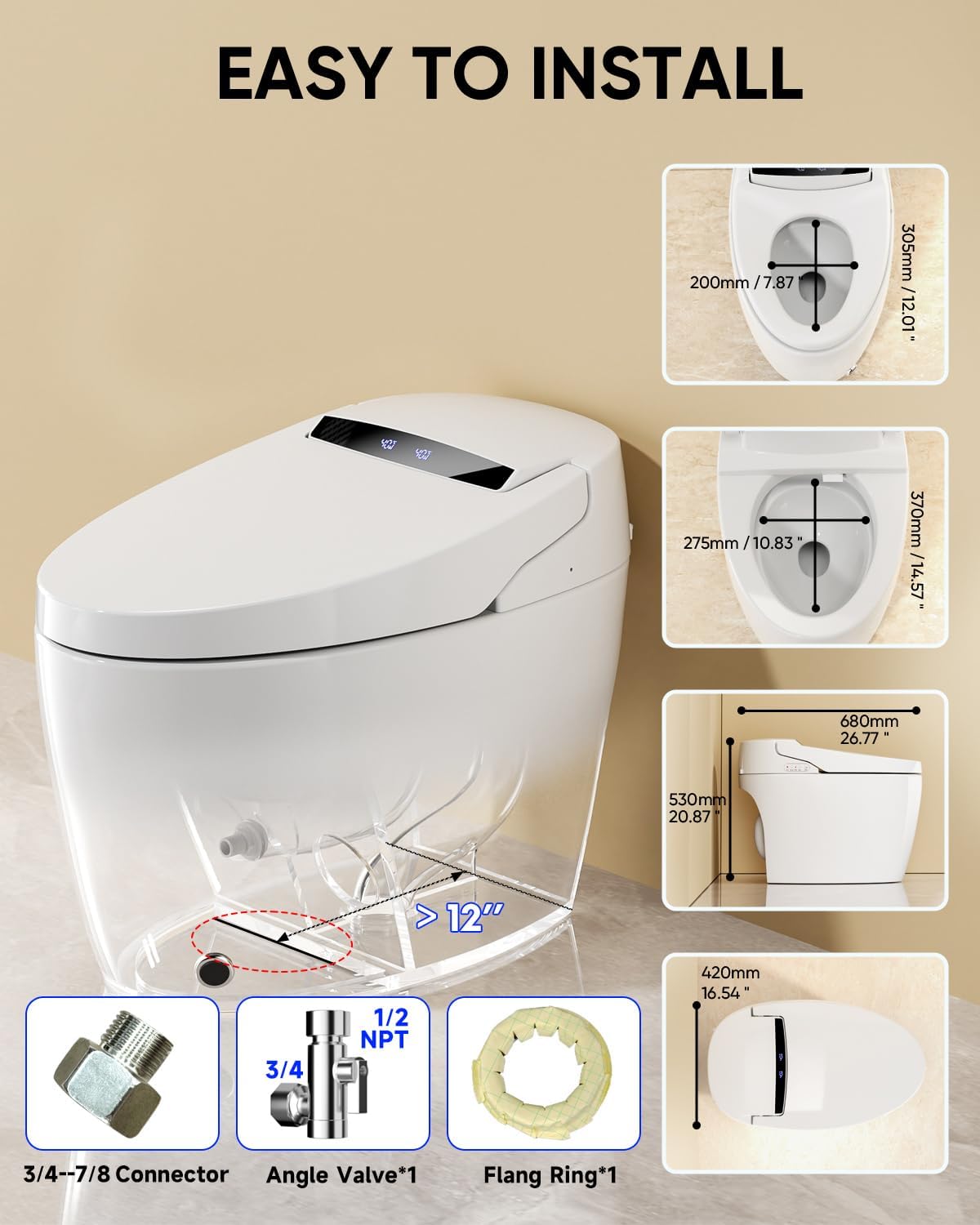 Detalle 2 de LOUPUSUO LP Smart Toilet with Bidet, Heated Seat and Warm Air Dryer