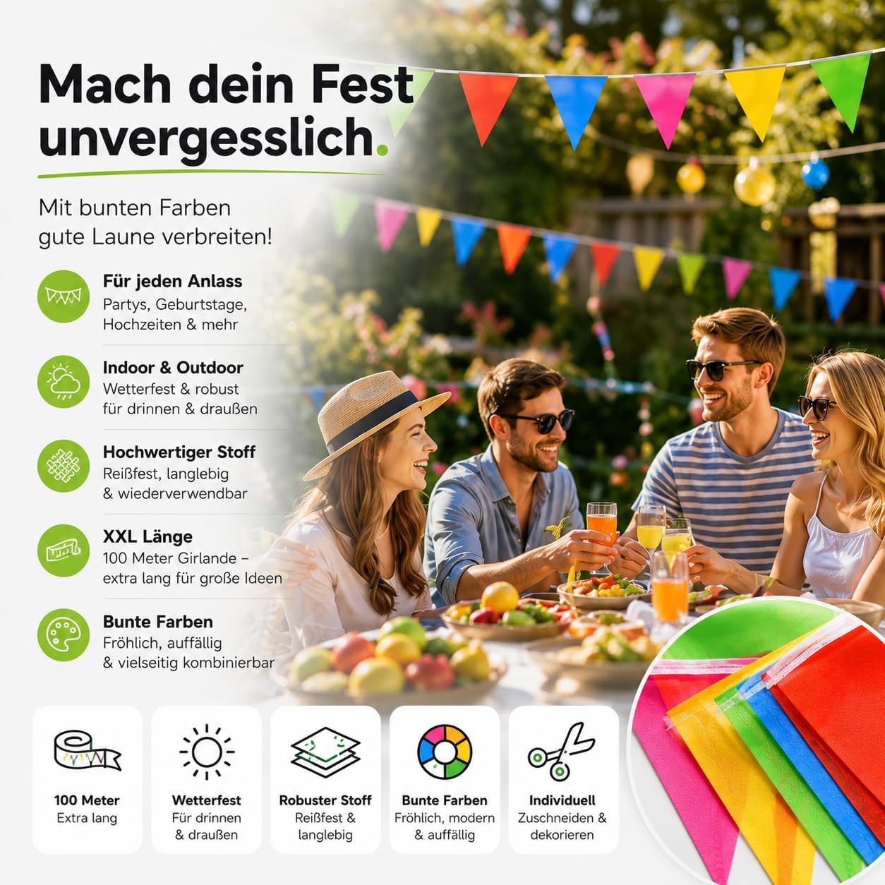 Detalle de XXL Wimpelkette Stoff 100 Meter bunt – Girlande & Banner für Indoor und Outdoor Deko