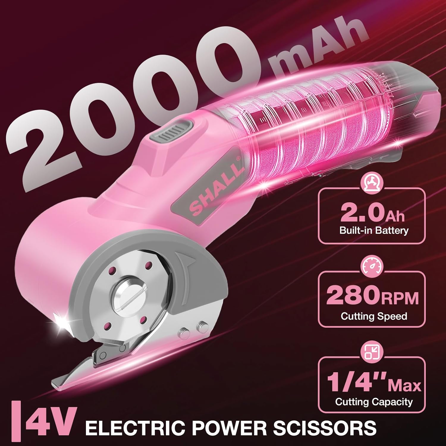 Thumbnail 1 de SHALL 4V Cordless Electric Scissors (Rotary Cutter) with Safety Lock, LED & Replacement Blade – Pink & Grey
