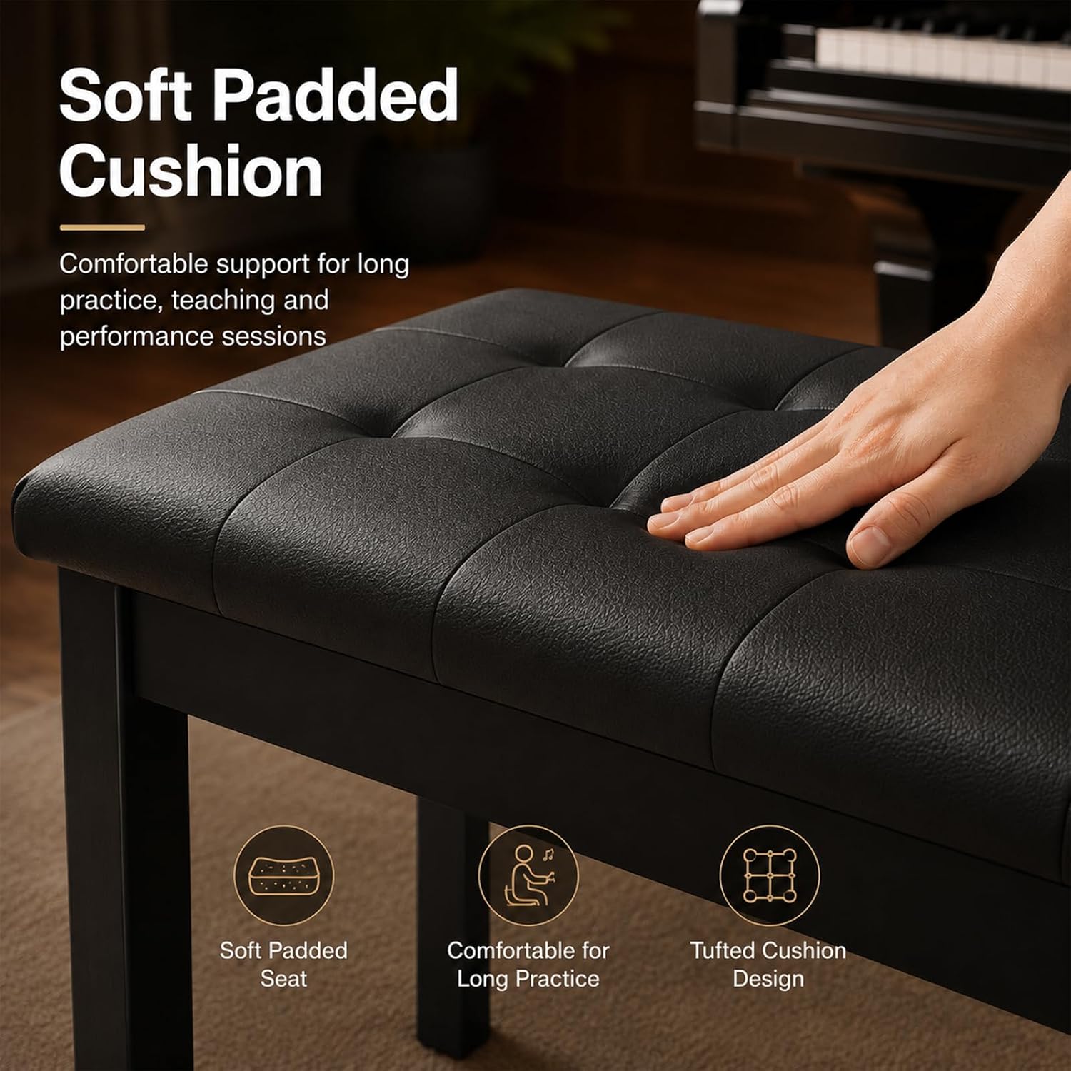 Detalle de AODSK GQY-BLK-SBN1 Wooden Duet Piano Bench, Black, Padded Seat and Storage