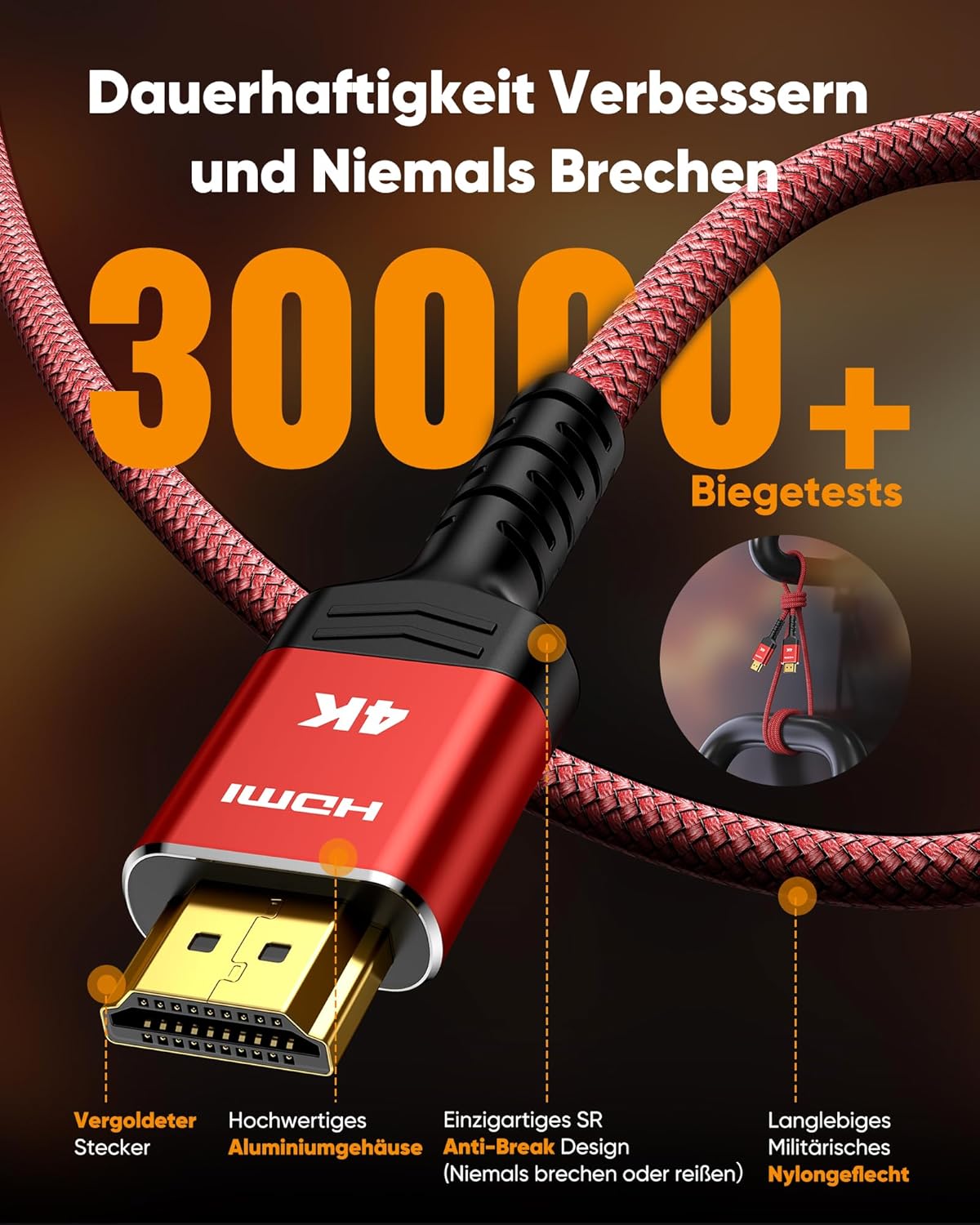 Thumbnail 2 de SNOWKIDS 4K HDMI-Kabel 2 Meter (rot) – HDMI 2.0 bis 4K/60 Hz mit ARC, Ethernet & Nylongeflecht