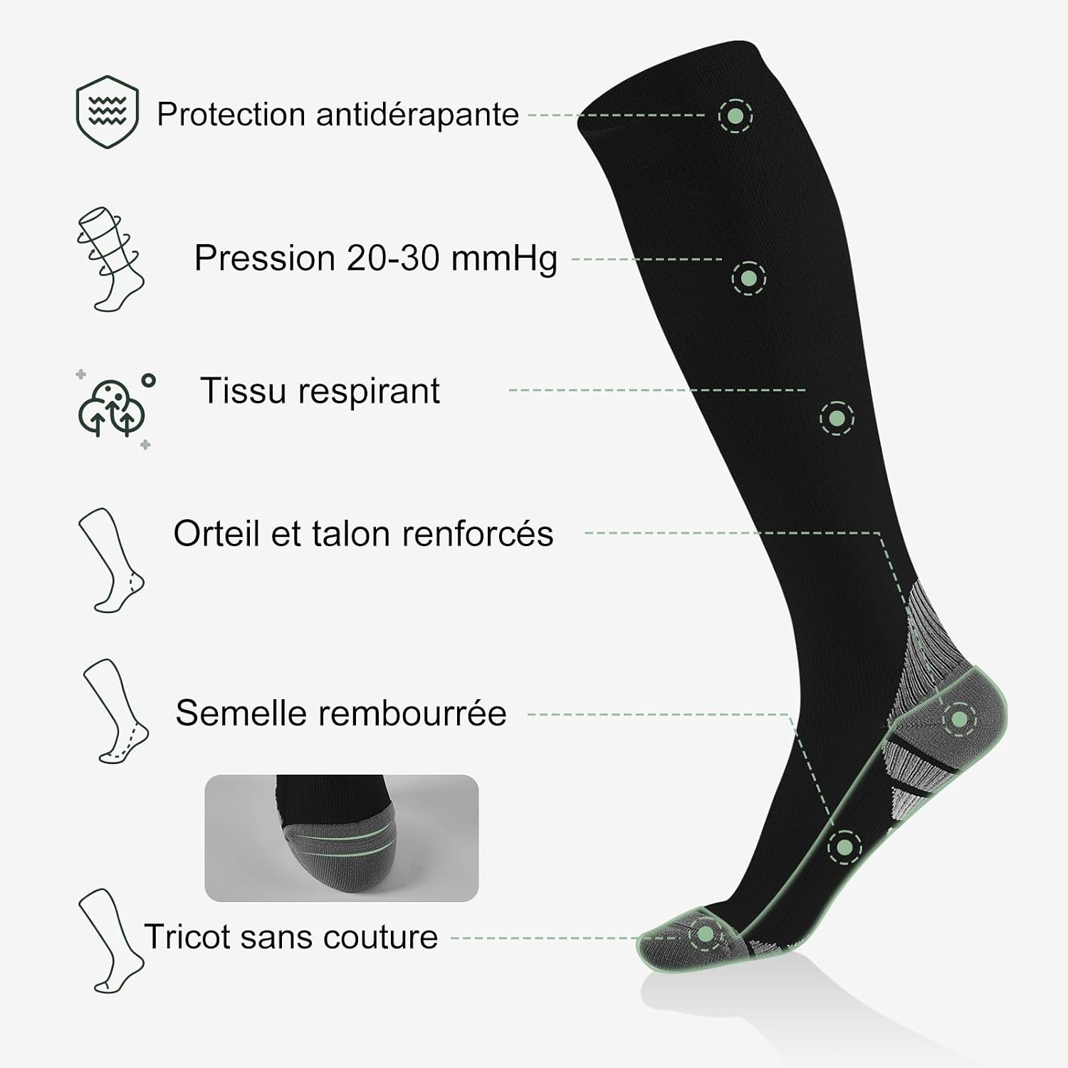 Thumbnail 2 de Effeet Bas de Contention Femme et Homme – Chaussettes rembourrées 2 paires, compression pour sport, voyage et travail