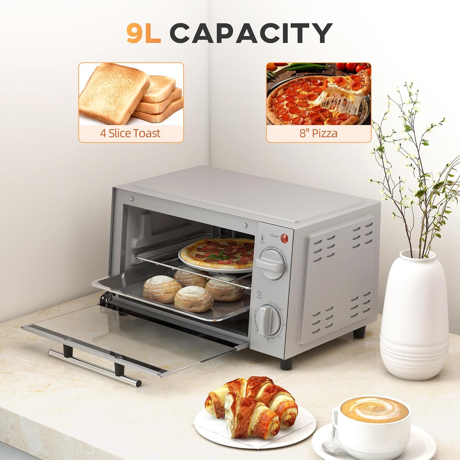 Thumbnail 3 de HOMCOM Mini Oven 9L Toaster Oven with Adjustable Temperature 750W in Silver