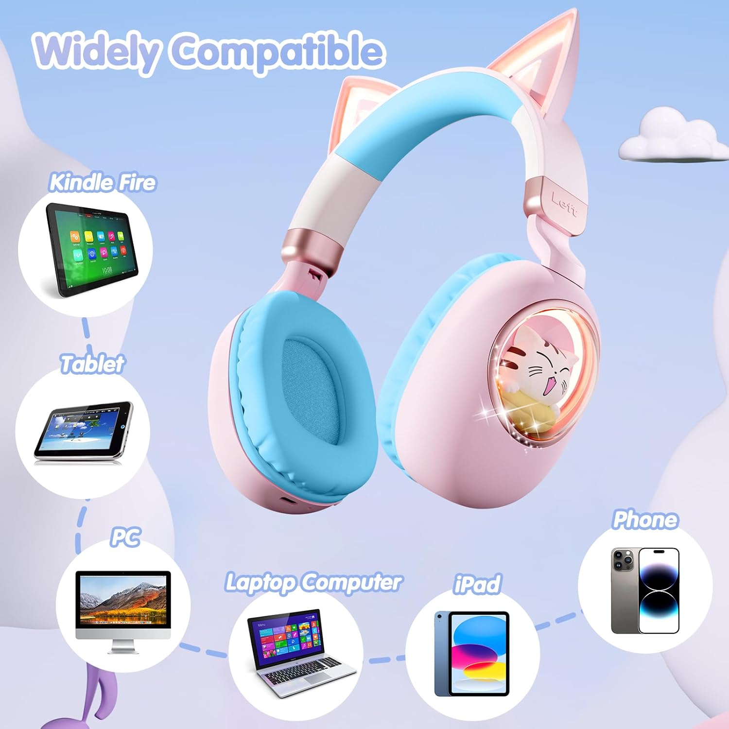 Detalle de Kinder Kopfhörer mit Katzenohren – Bluetooth 5.4, LED-Beleuchtung & 85 dB Kindermodus