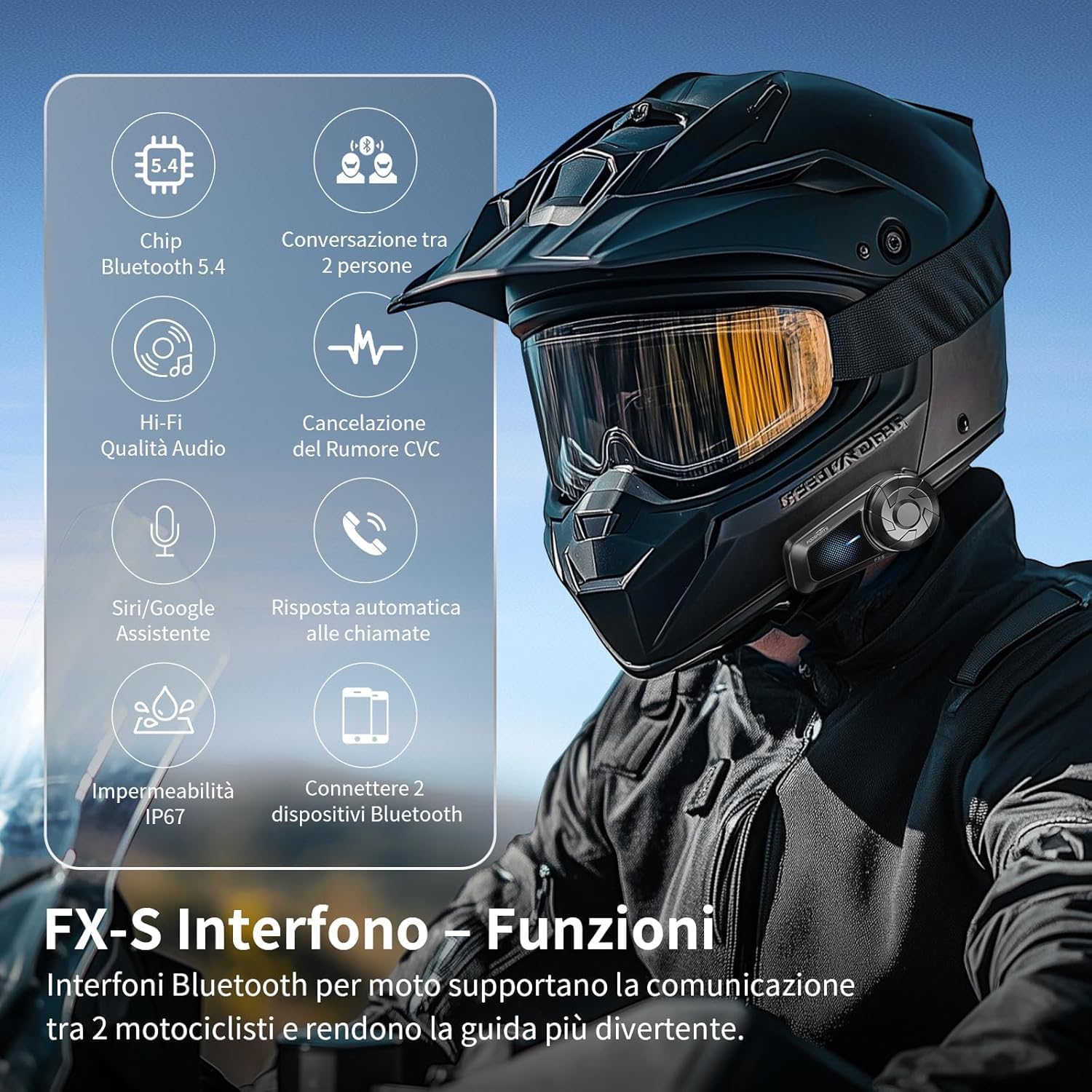 Detalle 2 de Fodsports FX-S Interfono Moto Singolo con Auricolare per Casco – Bluetooth 5.4, IP67, 1000 m, Noise Reduction, HiFi