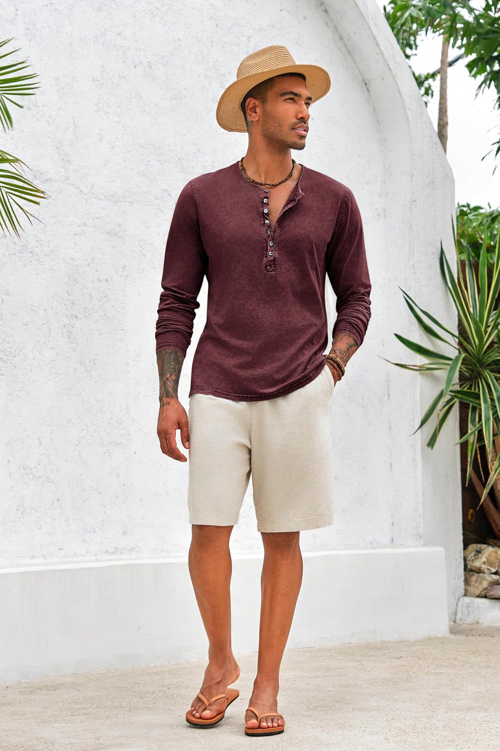 Detalle de Beotyshow Herren Langarm-Henley-Shirt im Vintage-Look (Slim Fit) – leichtes Baumwollhemd