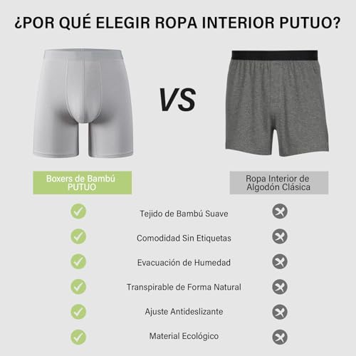 Detalle de PUTUO Calzoncillo Bóxer de Bambú para Hombre: Pack 6, Largo, Sin Etiquetas y Transpirable