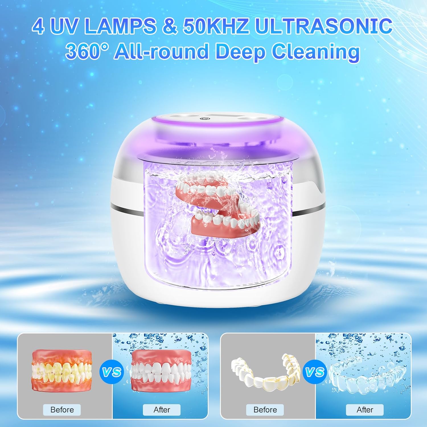 Detalle de LVYOUIF Pulitore Ultrasuoni 50000Hz con UV e 4 Modalità – pulizia profonda per protesi, gioielli e accessori, 250 ml