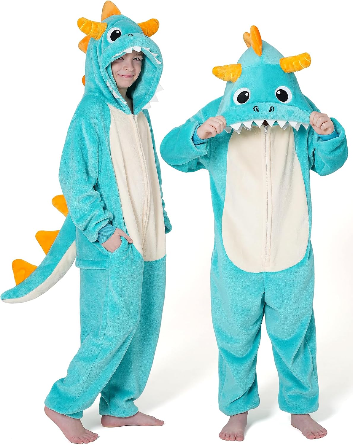 Detalle 2 de Dxilm Kids Dinosaur Onesie Costume, Soft Flannel Pajamas with 3D Hood